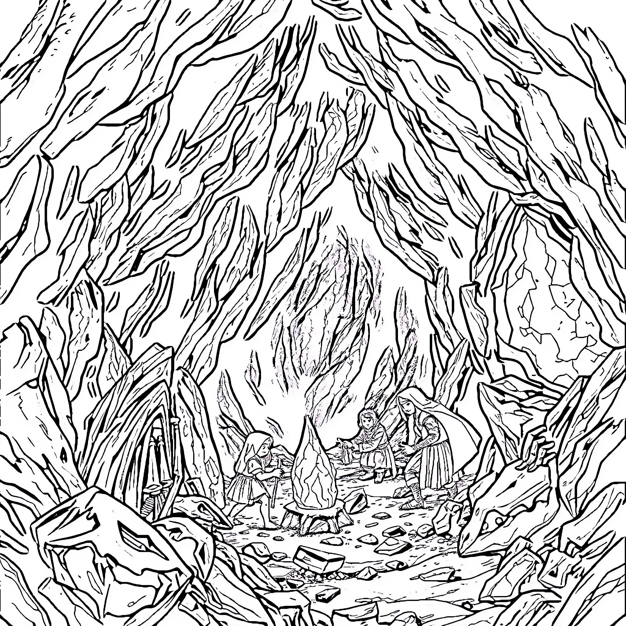 Dungeons and Dragons - Adventurers Exploring Mysterious Cave Coloring Page (free black-and-white line drawing printable PDF for all, from beginners to advanced learners, including children, teens, adults, and seniors)