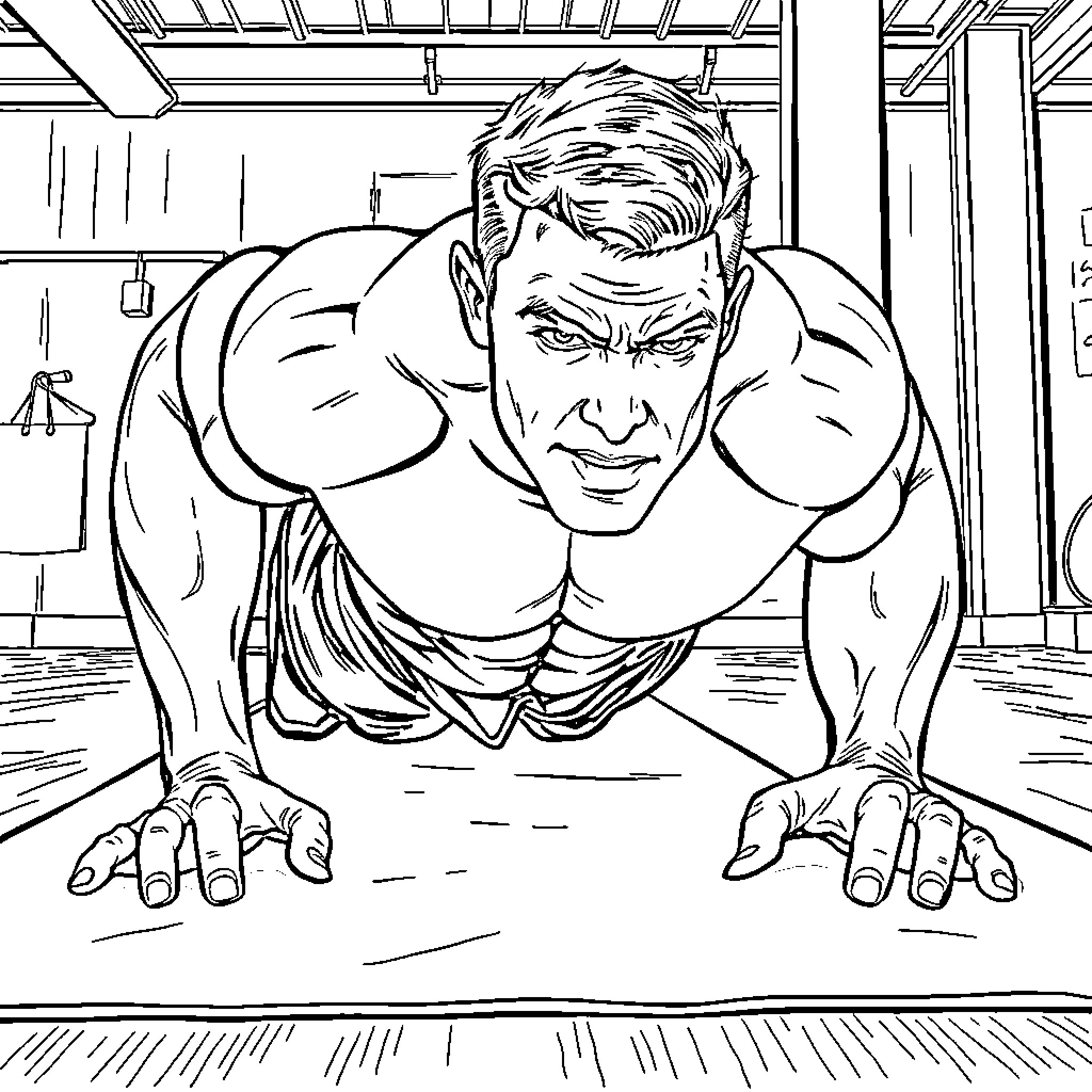 Man in intense workout routine at the gym Coloring Page (free black-and-white line drawing printable PDF for all, from beginners to advanced learners, including children, teens, adults, and seniors)