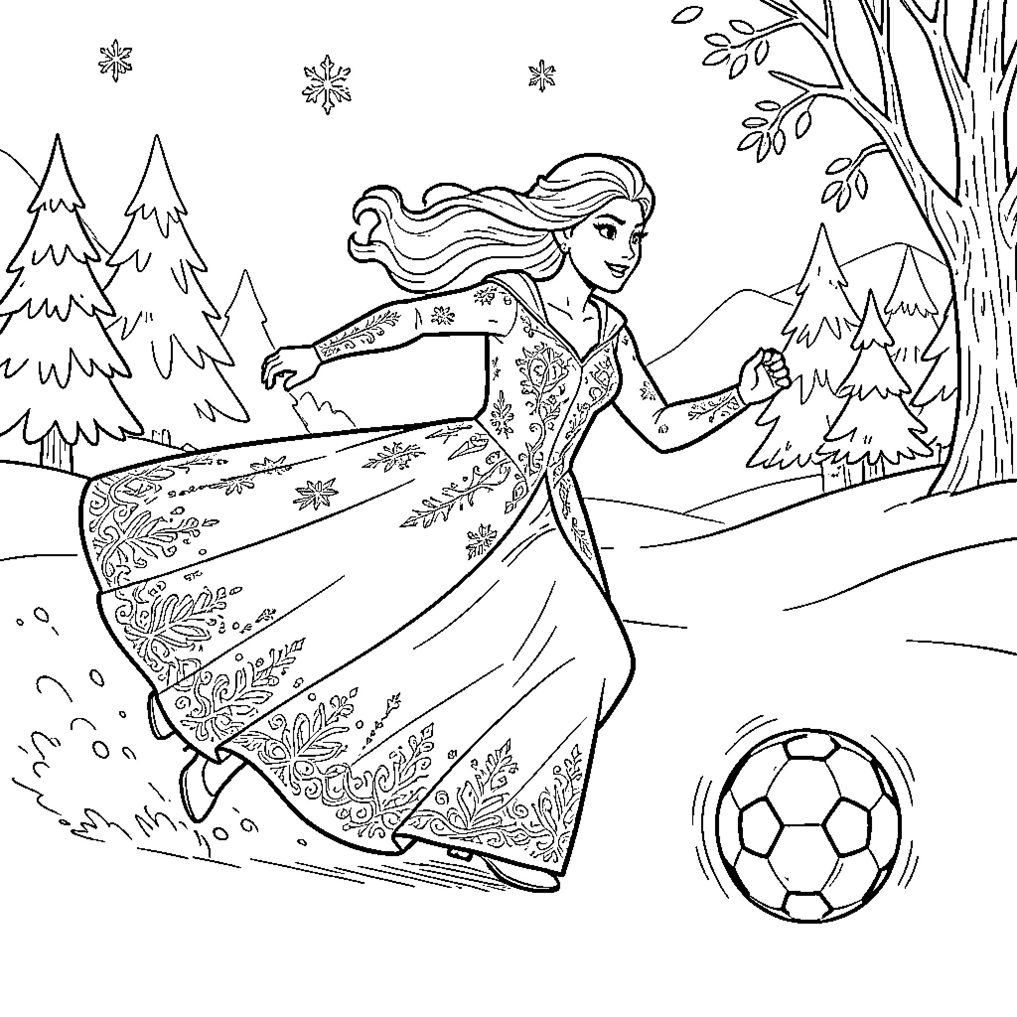 Queen in elegant gown playing with a ball Coloring Page (free black-and-white line drawing printable PDF for all, from beginners to advanced learners, including children, teens, adults, and seniors)