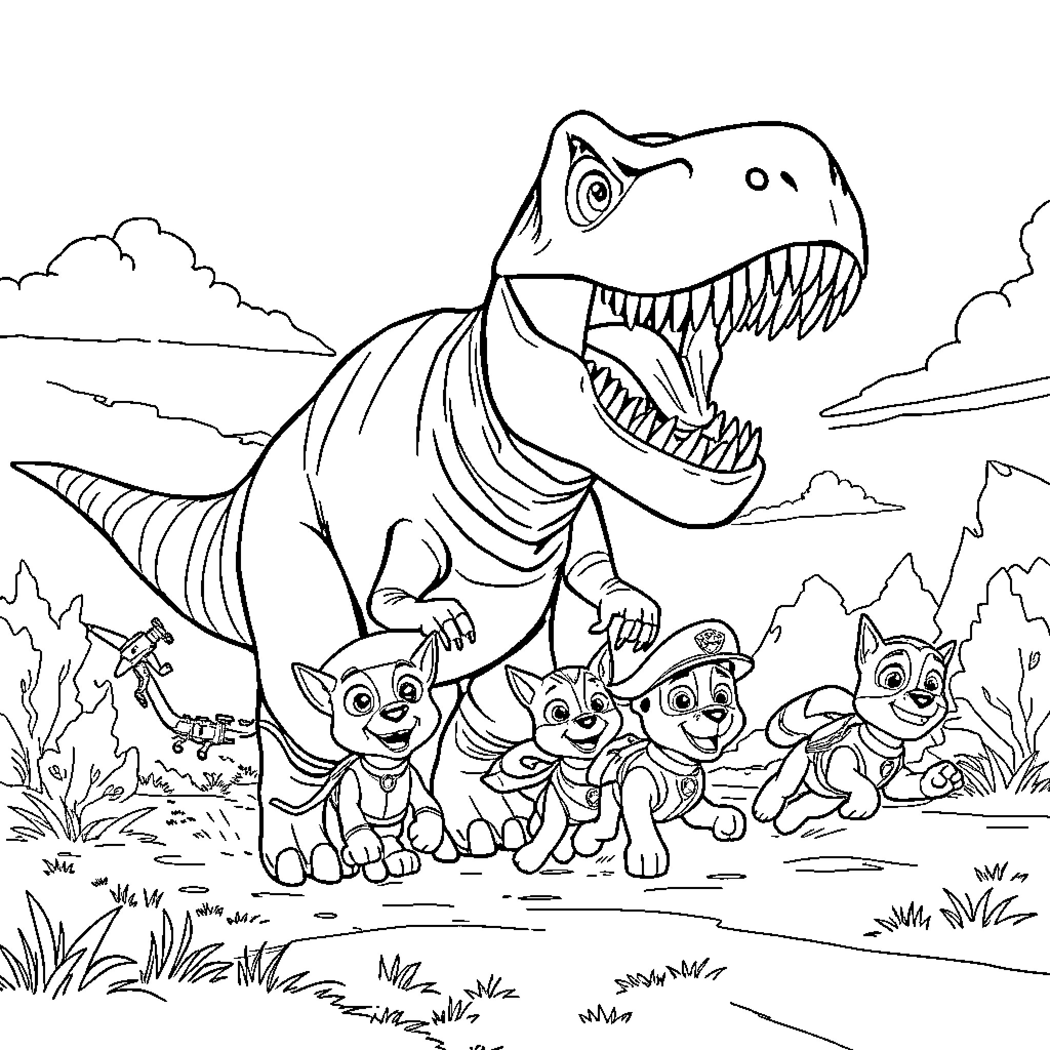 T-Rex chasing playful dinosaur pups in the wilderness Coloring Page (free black-and-white line drawing printable PDF for all, from beginners to advanced learners, including children, teens, adults, and seniors)