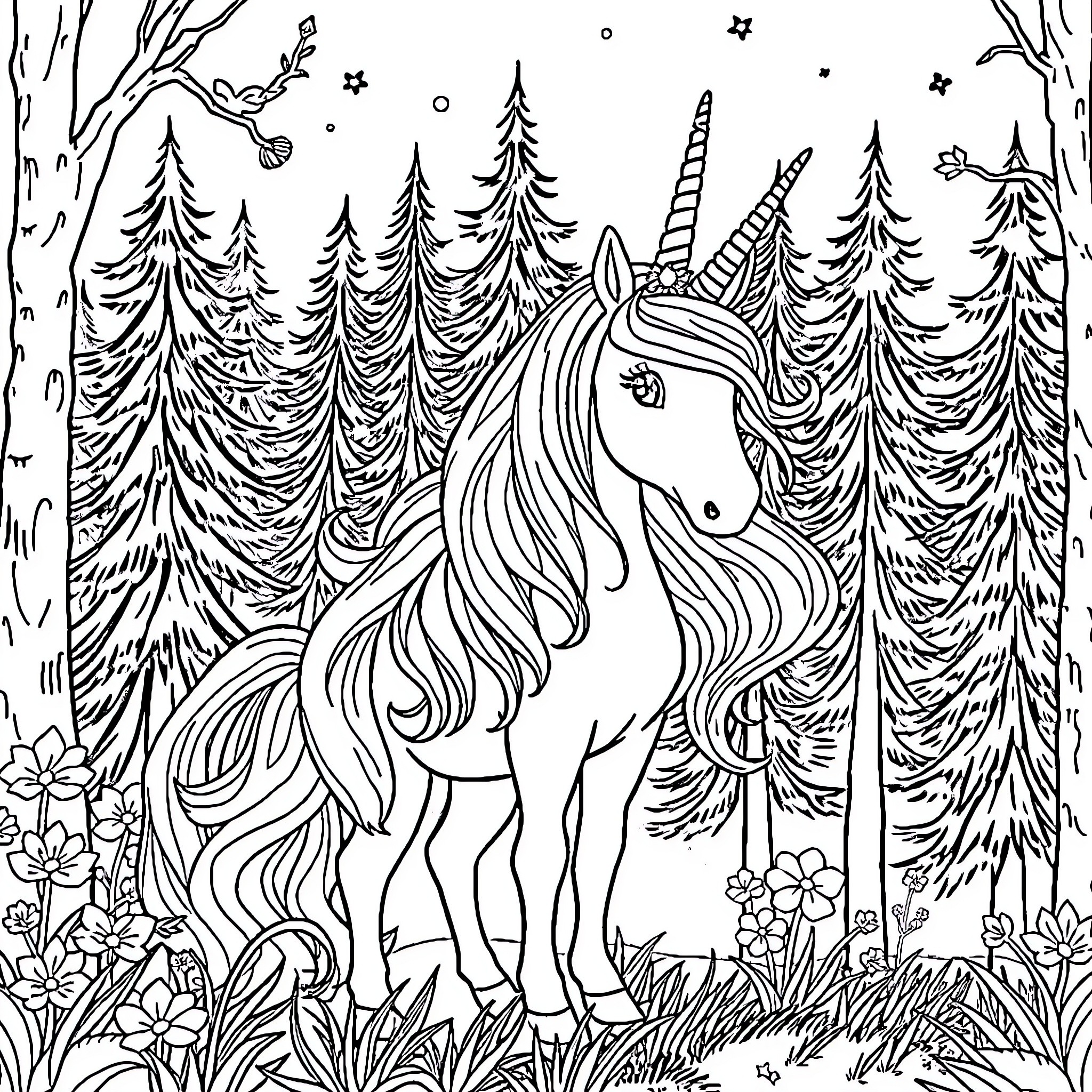 Unicorn standing amidst a magical forest landscape Coloring Page (free black-and-white line drawing printable PDF for all, from beginners to advanced learners, including children, teens, adults, and seniors)