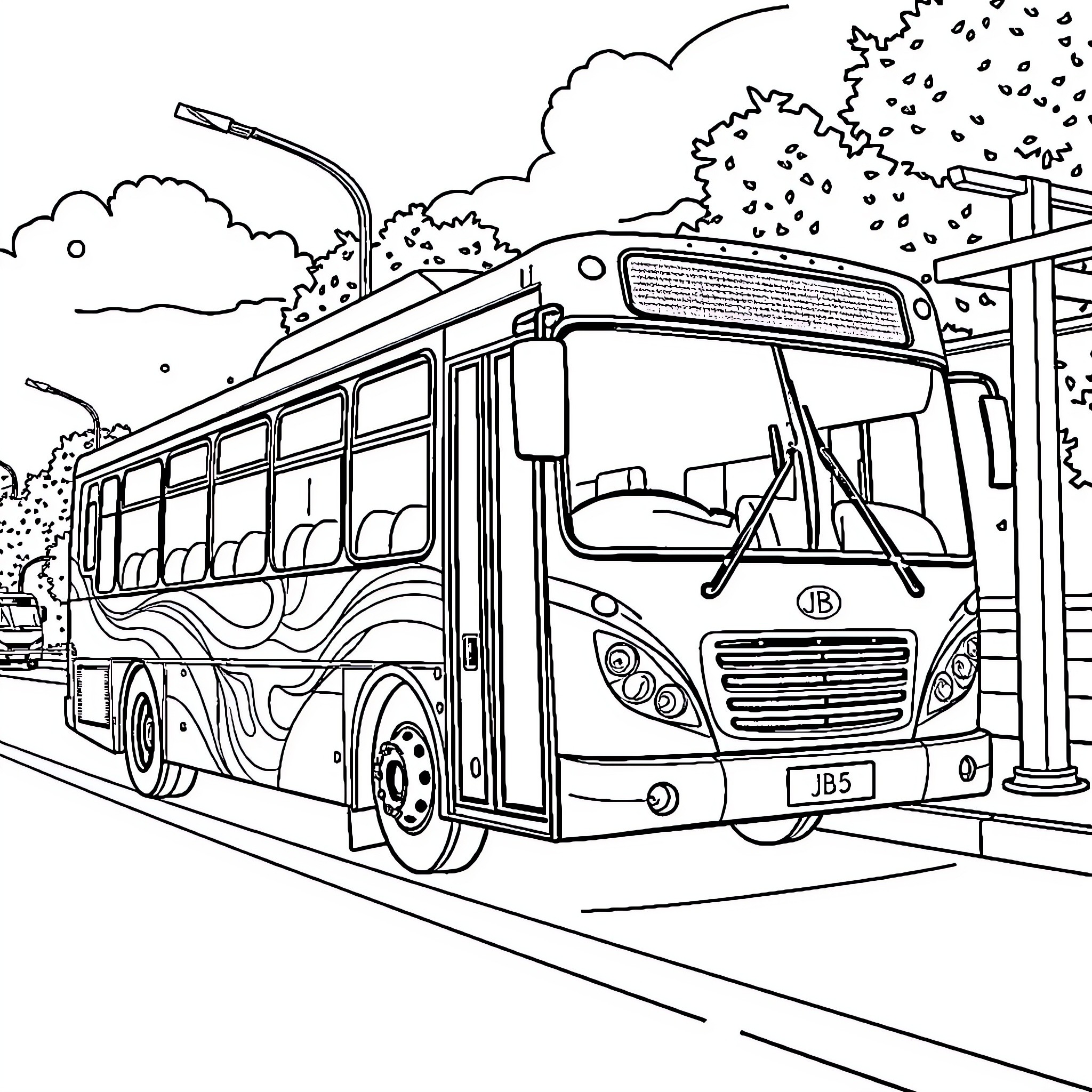 Bus transporting passengers on city street Coloring Page (free black-and-white line drawing printable PDF for all, from beginners to advanced learners, including children, teens, adults, and seniors)