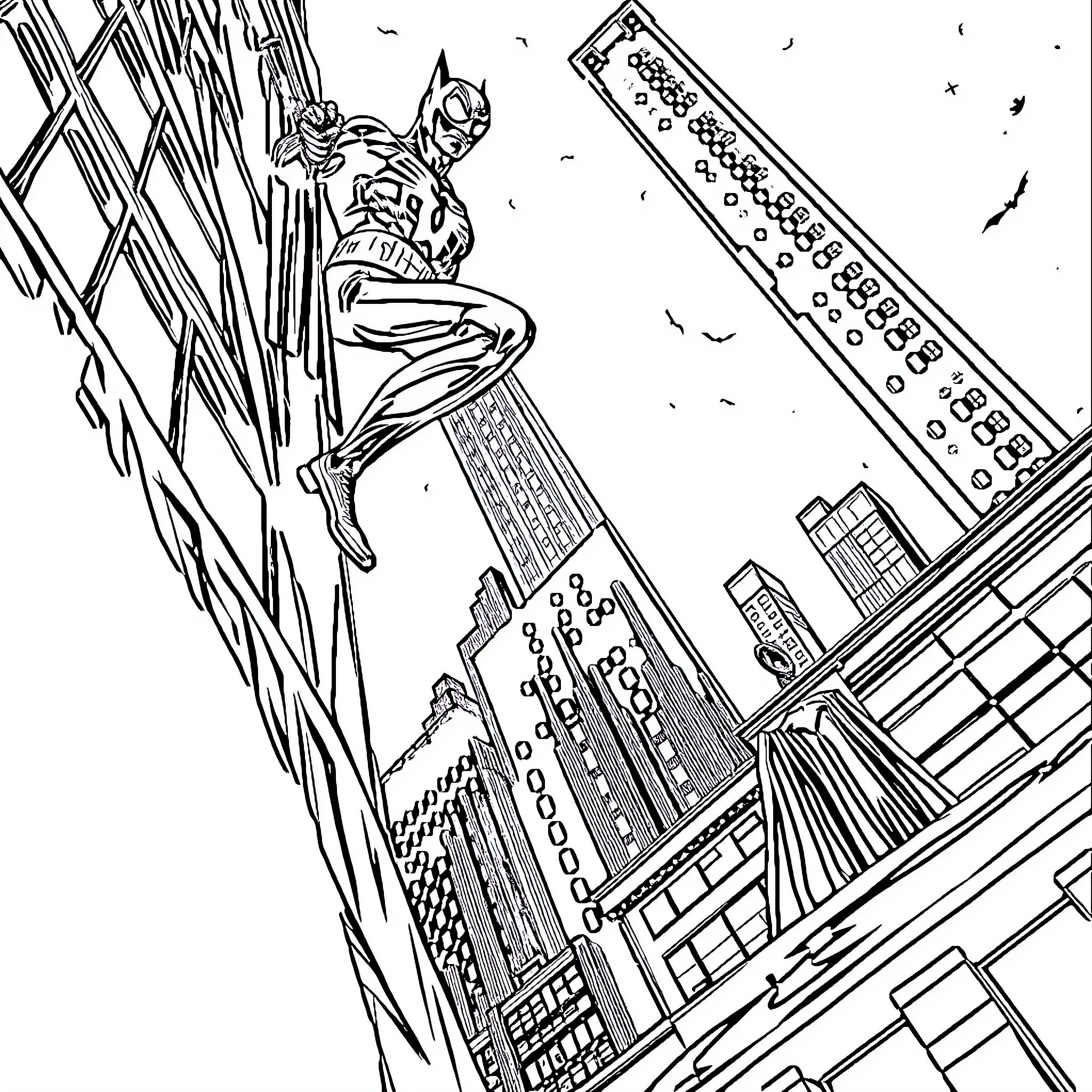 Spider-Man swinging through the city skyline Coloring Page (free black-and-white line drawing printable PDF for all, from beginners to advanced learners, including children, teens, adults, and seniors)