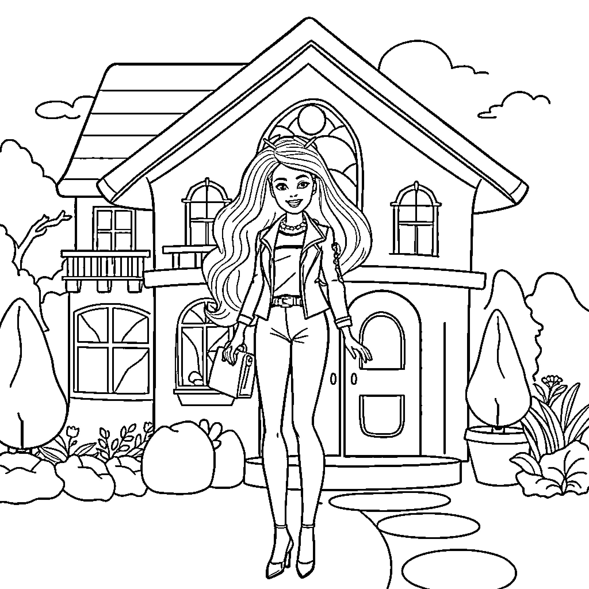 Barbie exploring a charming countryside house Coloring Page (free black-and-white line drawing printable PDF for all, from beginners to advanced learners, including children, teens, adults, and seniors)