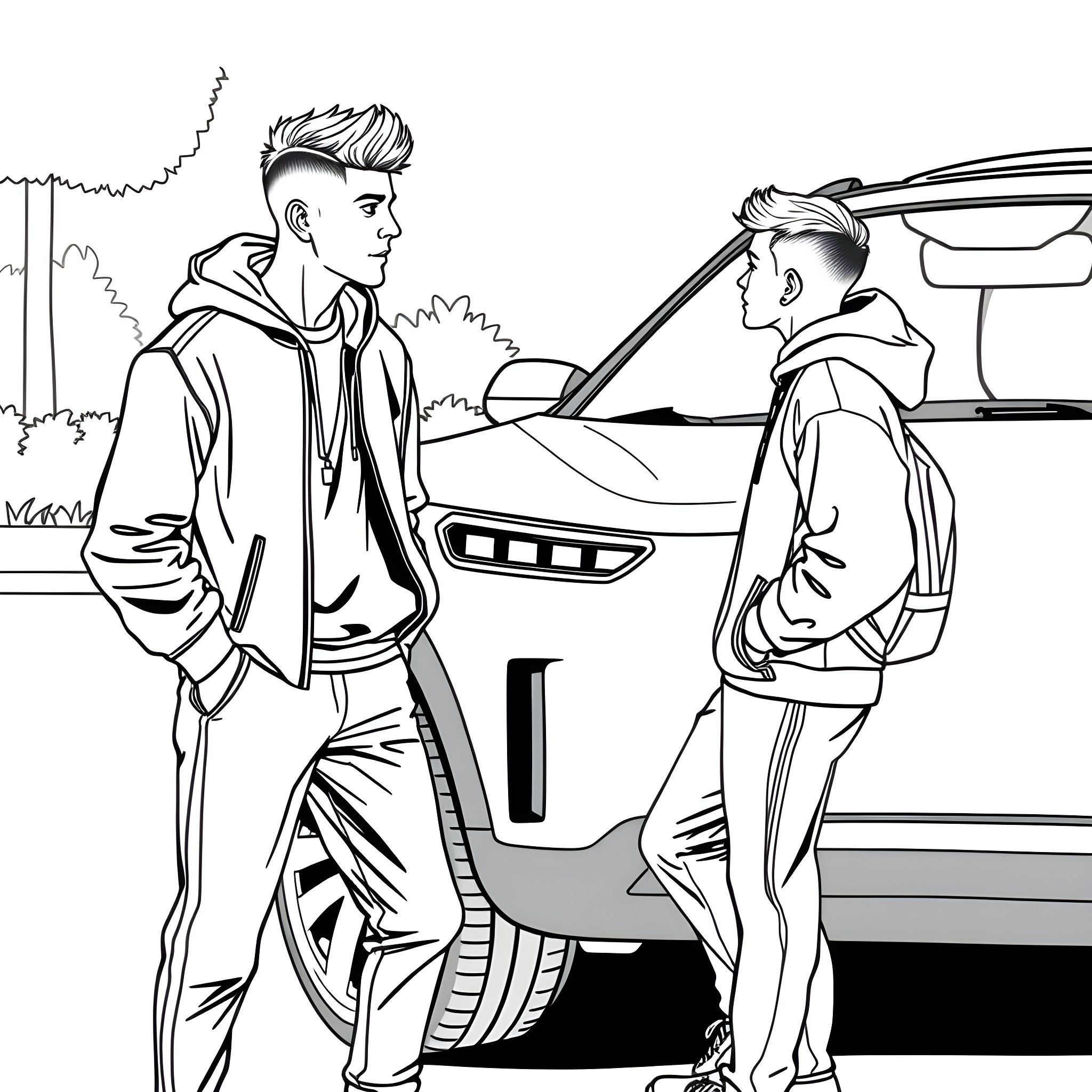Teen Guys Conversing Near Car Coloring Page (free black-and-white line drawing printable PDF for all, from beginners to advanced learners, including children, teens, adults, and seniors)