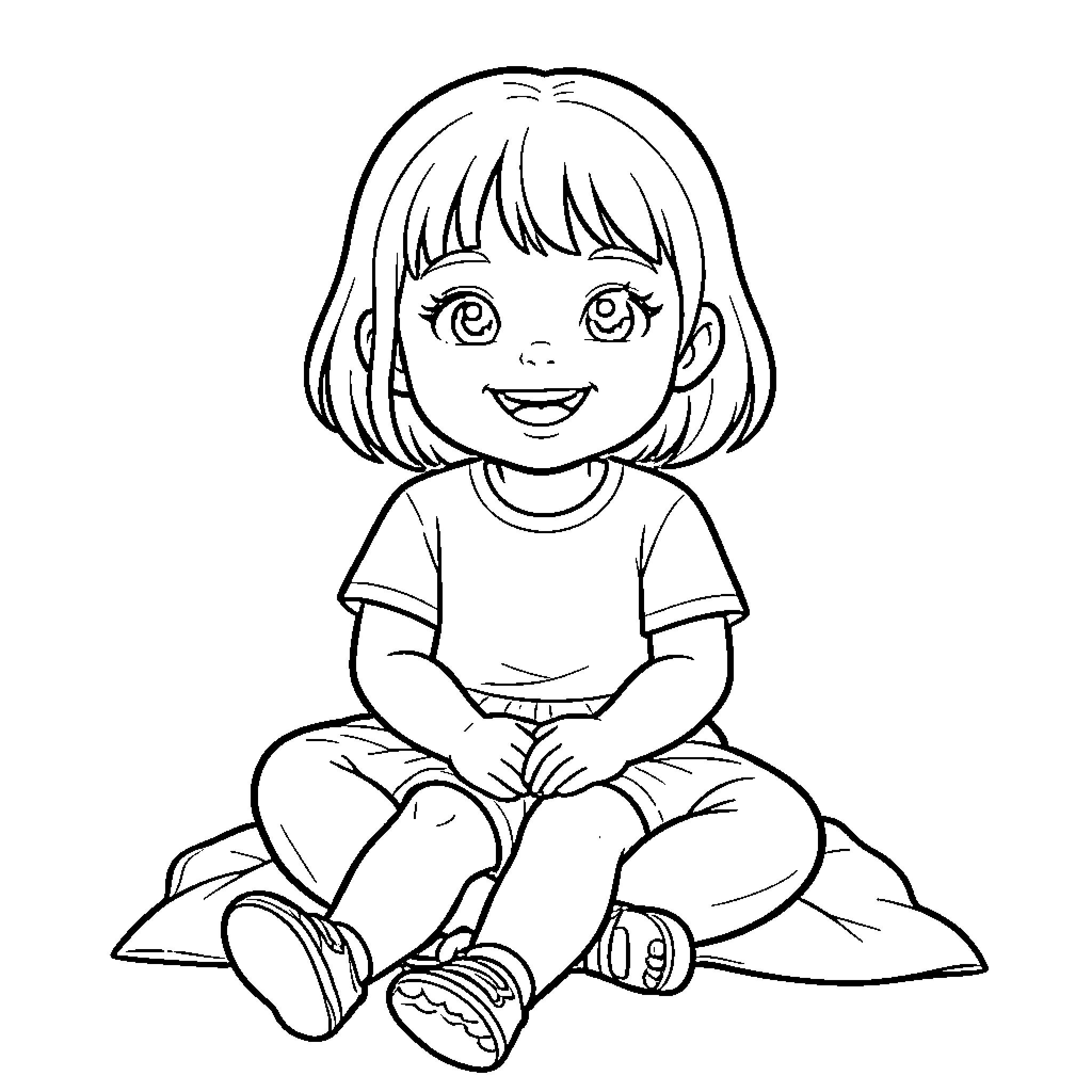 Девочка сидит и улыбается Coloring Page (free black-and-white line drawing printable PDF for all, from beginners to advanced learners, including children, teens, adults, and seniors)