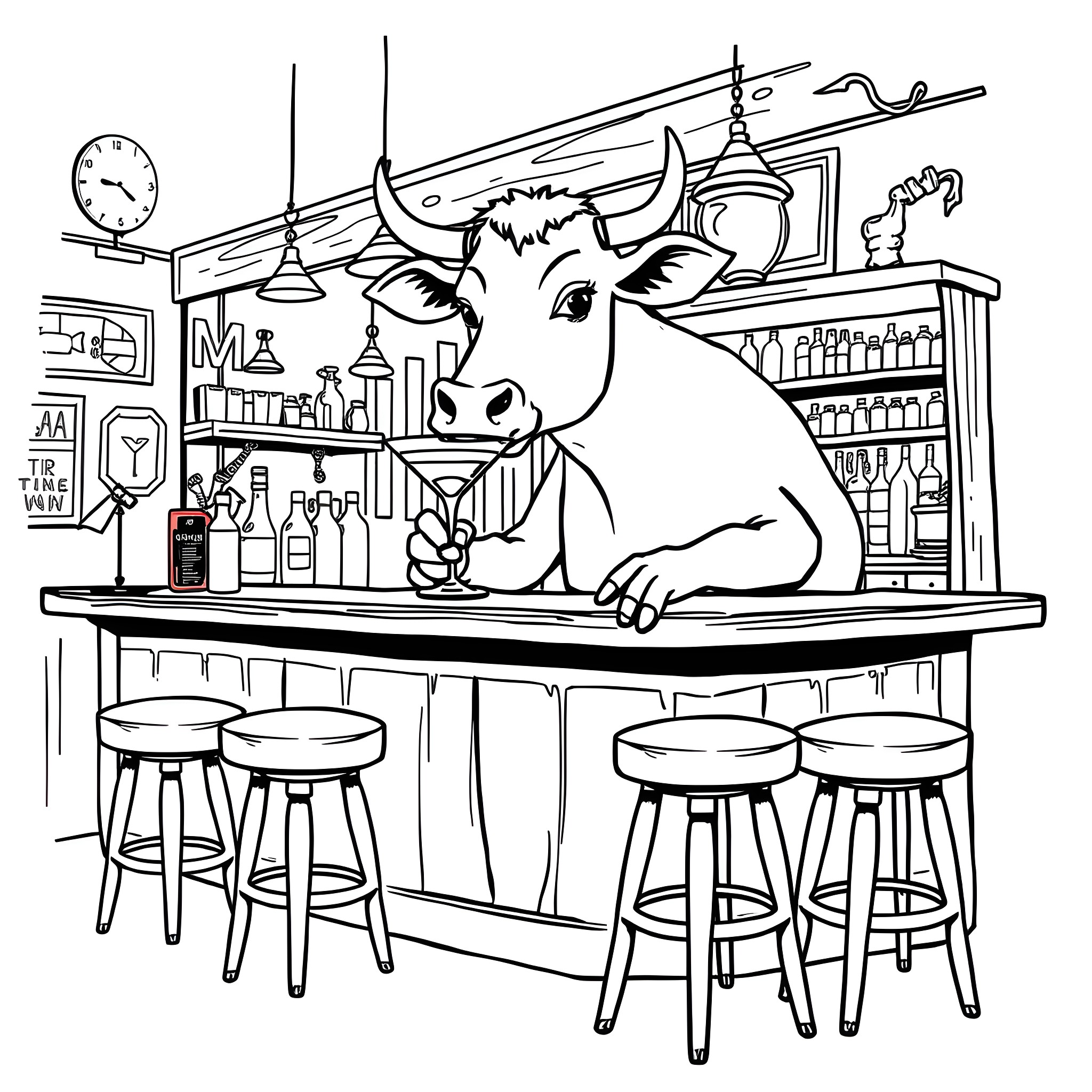 Cow tending bar in a lively establishment Coloring Page (free black-and-white line drawing printable PDF for all, from beginners to advanced learners, including children, teens, adults, and seniors)
