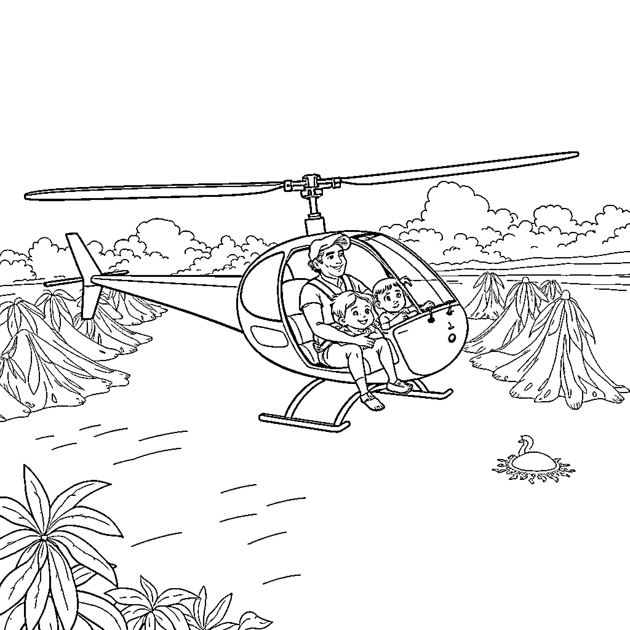 Helicopter exploring scenic mountain landscape Coloring Page (free black-and-white line drawing printable PDF for all, from beginners to advanced learners, including children, teens, adults, and seniors)