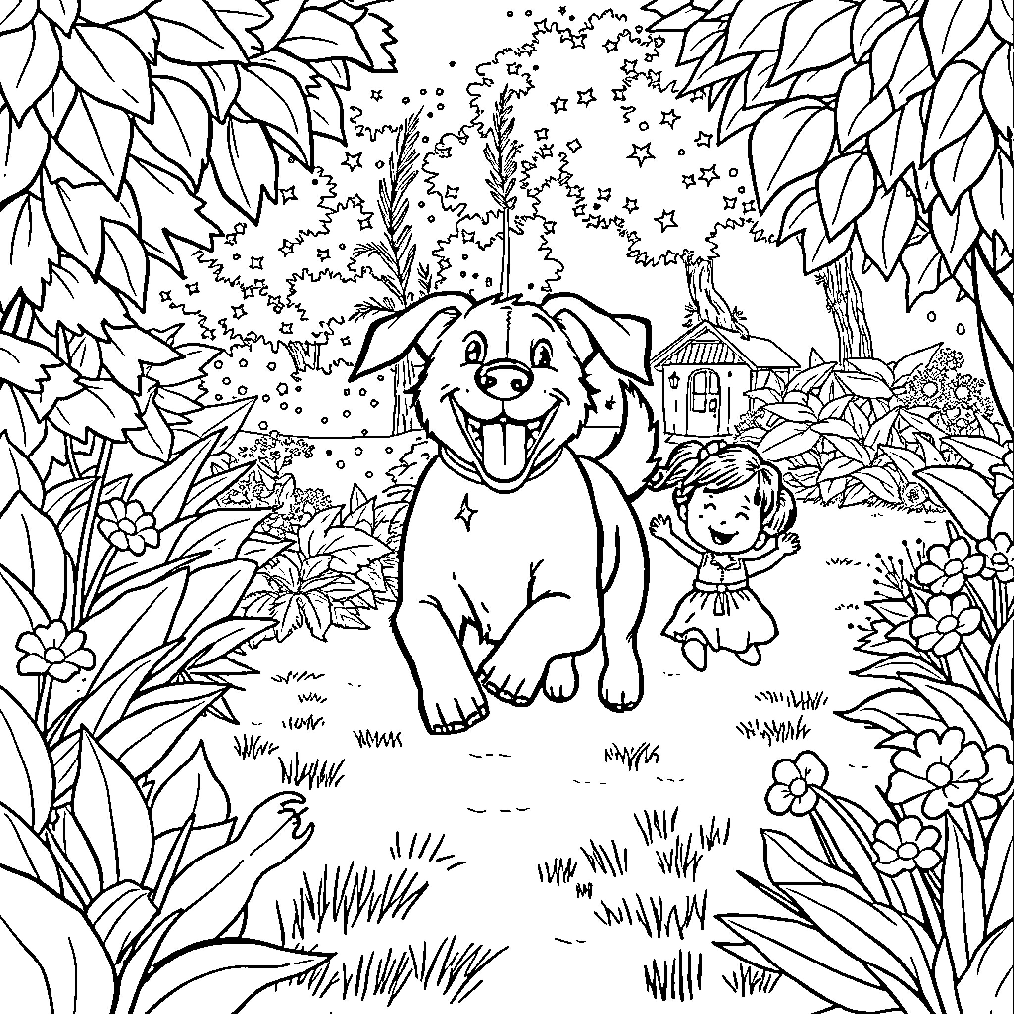 Dog playing happily with child in the garden Coloring Page (free black-and-white line drawing printable PDF for all, from beginners to advanced learners, including children, teens, adults, and seniors)