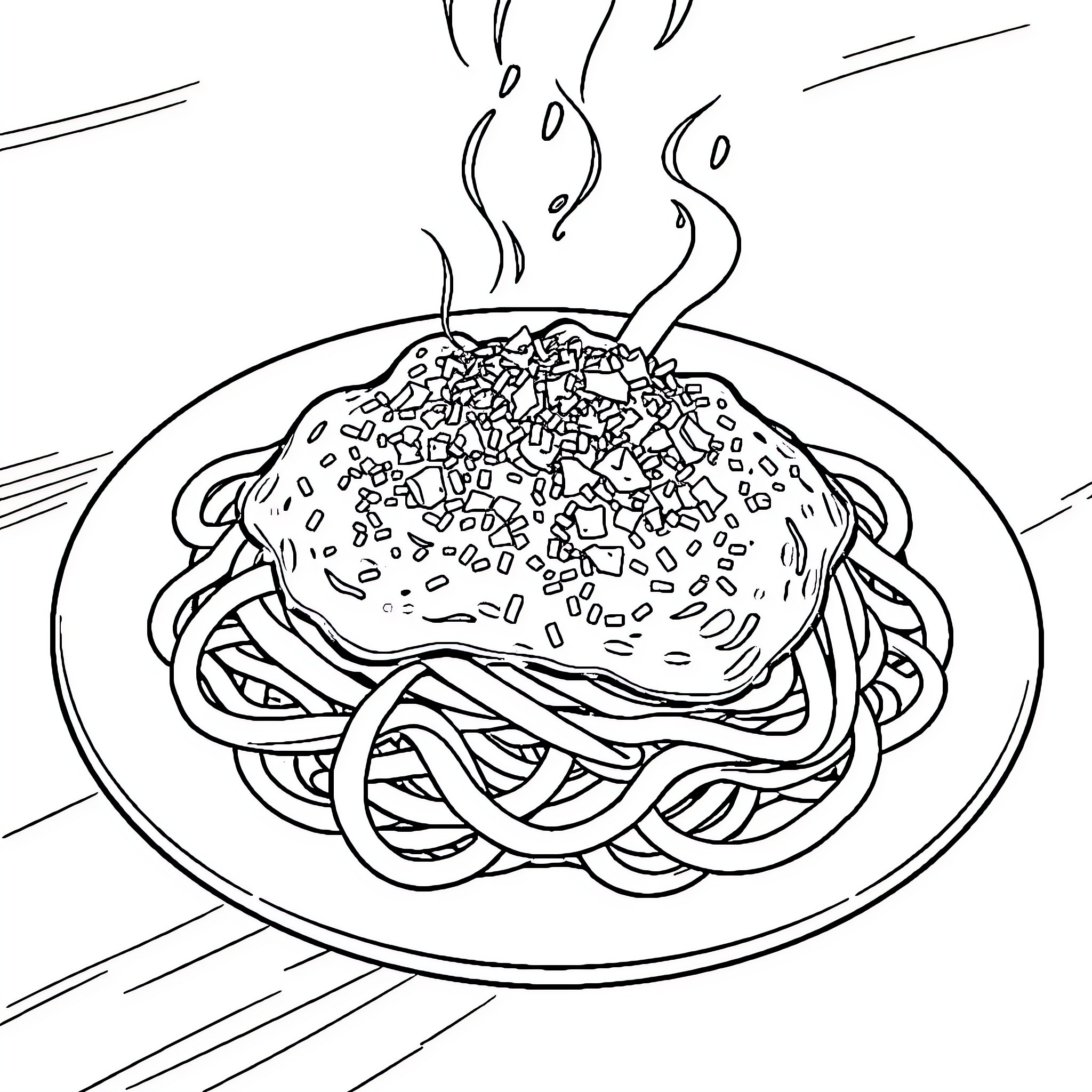 Pasta dish with savory toppings and steam Coloring Page (free black-and-white line drawing printable PDF for all, from beginners to advanced learners, including children, teens, adults, and seniors)