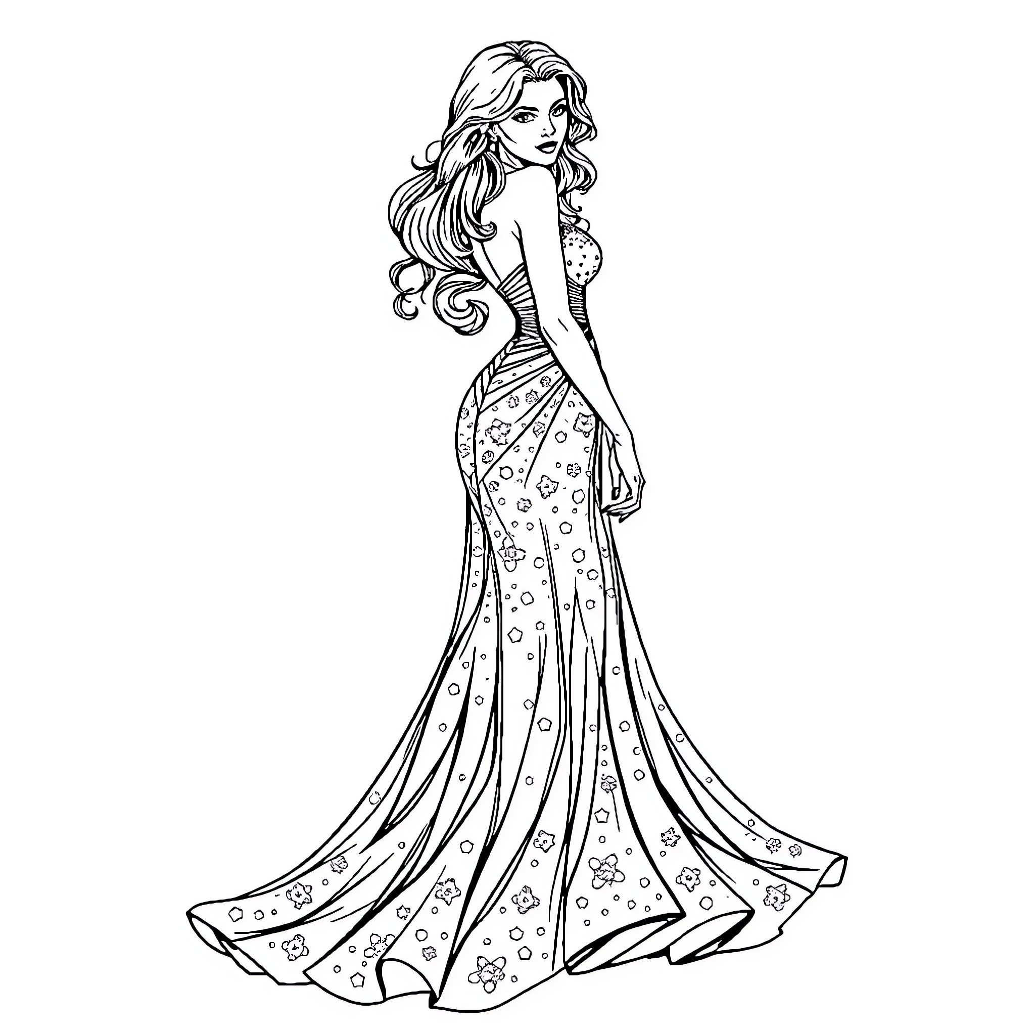 Lady in elegant floral gown with flowing hair Coloring Page (free black-and-white line drawing printable PDF for all, from beginners to advanced learners, including children, teens, adults, and seniors)