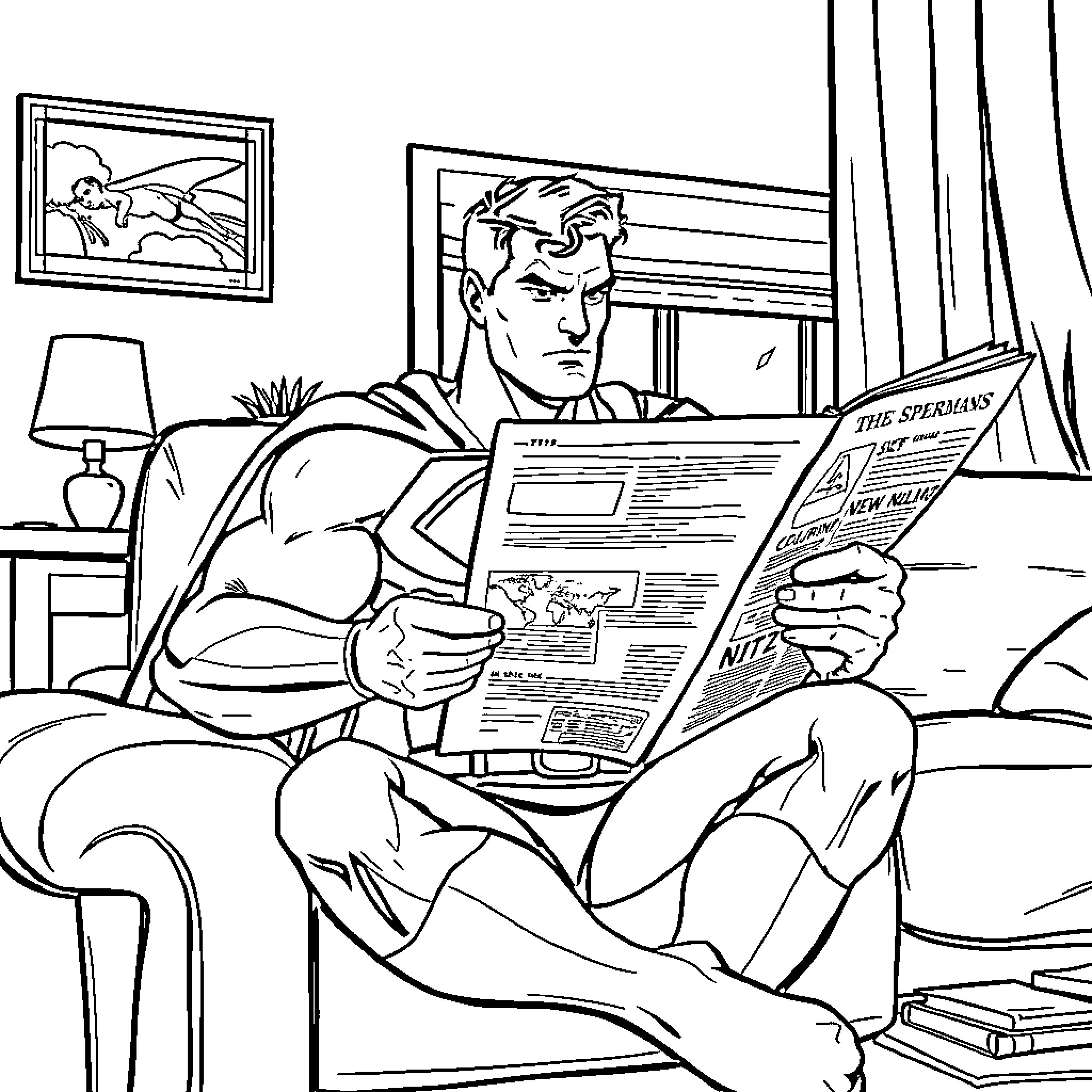 Superman reading the newspaper in his living room Coloring Page (free black-and-white line drawing printable PDF for all, from beginners to advanced learners, including children, teens, adults, and seniors)