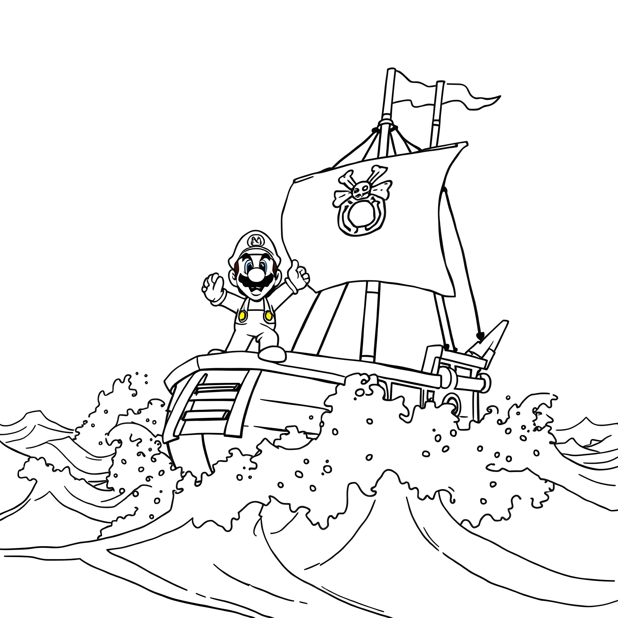 Mario's Pirate Adventure on the High Seas Coloring Page (free black-and-white line drawing printable PDF for all, from beginners to advanced learners, including children, teens, adults, and seniors)