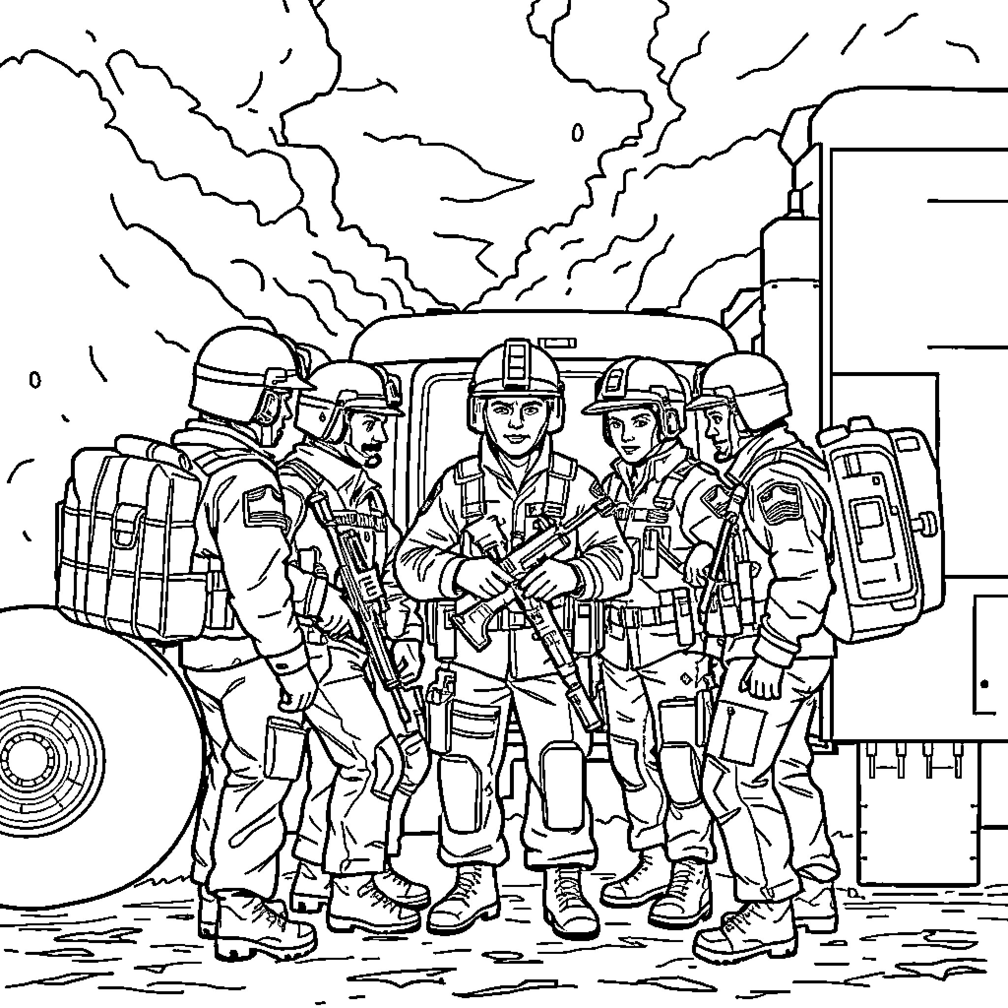Joint Task Force Deployed in Crisis Response Coloring Page (free black-and-white line drawing printable PDF for all, from beginners to advanced learners, including children, teens, adults, and seniors)