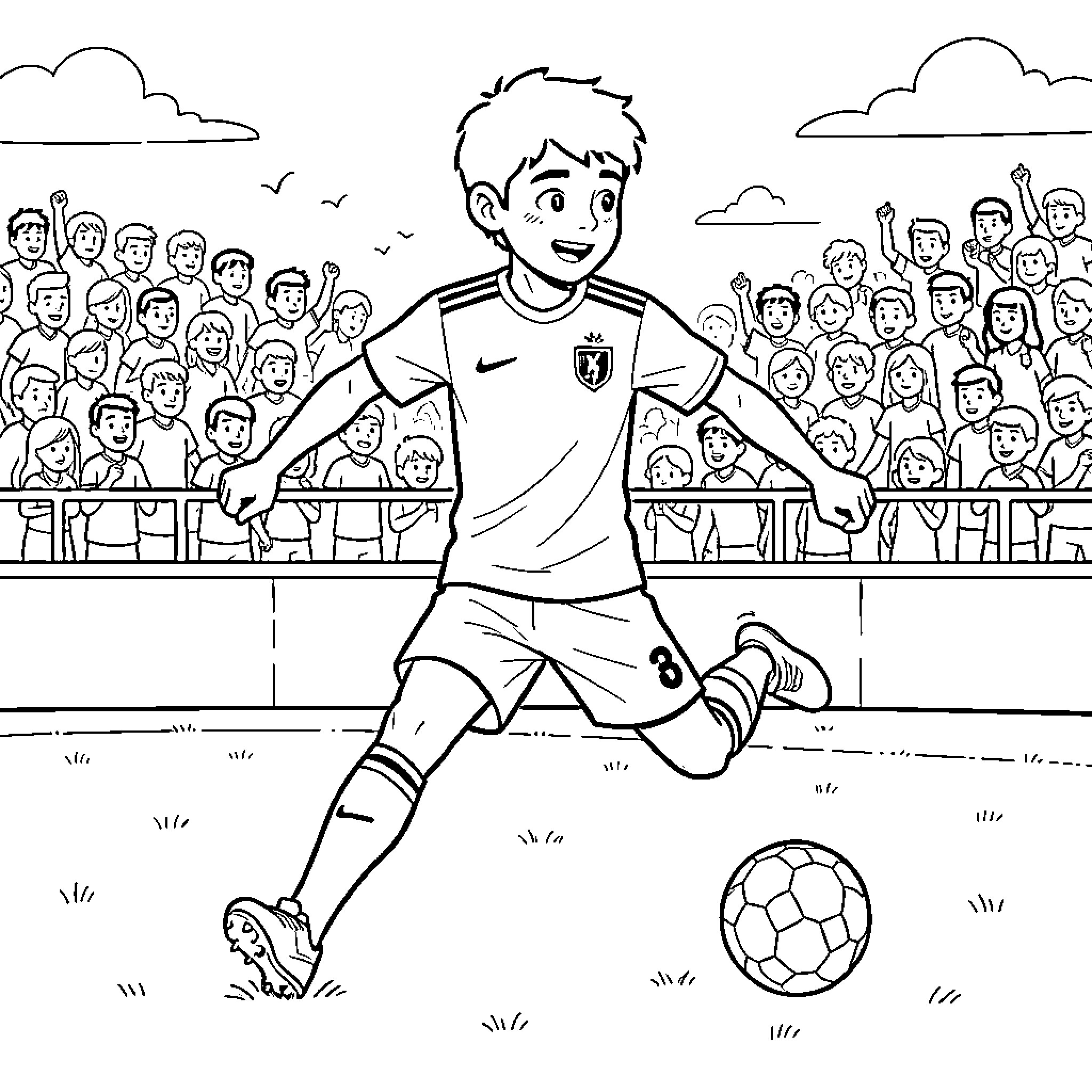 Lamine Yamal playing soccer in the stadium Coloring Page (free black-and-white line drawing printable PDF for all, from beginners to advanced learners, including children, teens, adults, and seniors)
