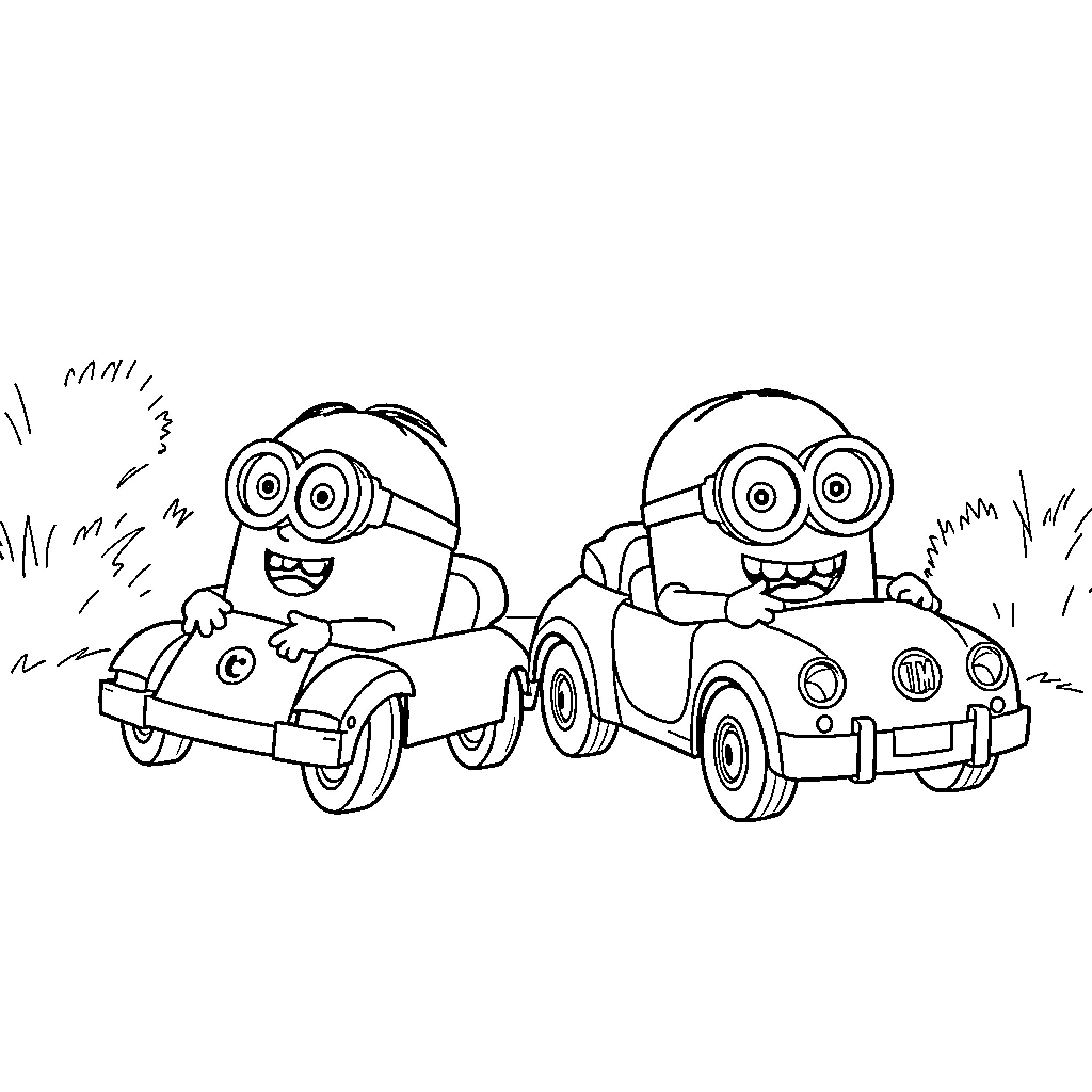 Minions driving small cars with joyful expressions Coloring Page (free black-and-white line drawing printable PDF for all, from beginners to advanced learners, including children, teens, adults, and seniors)