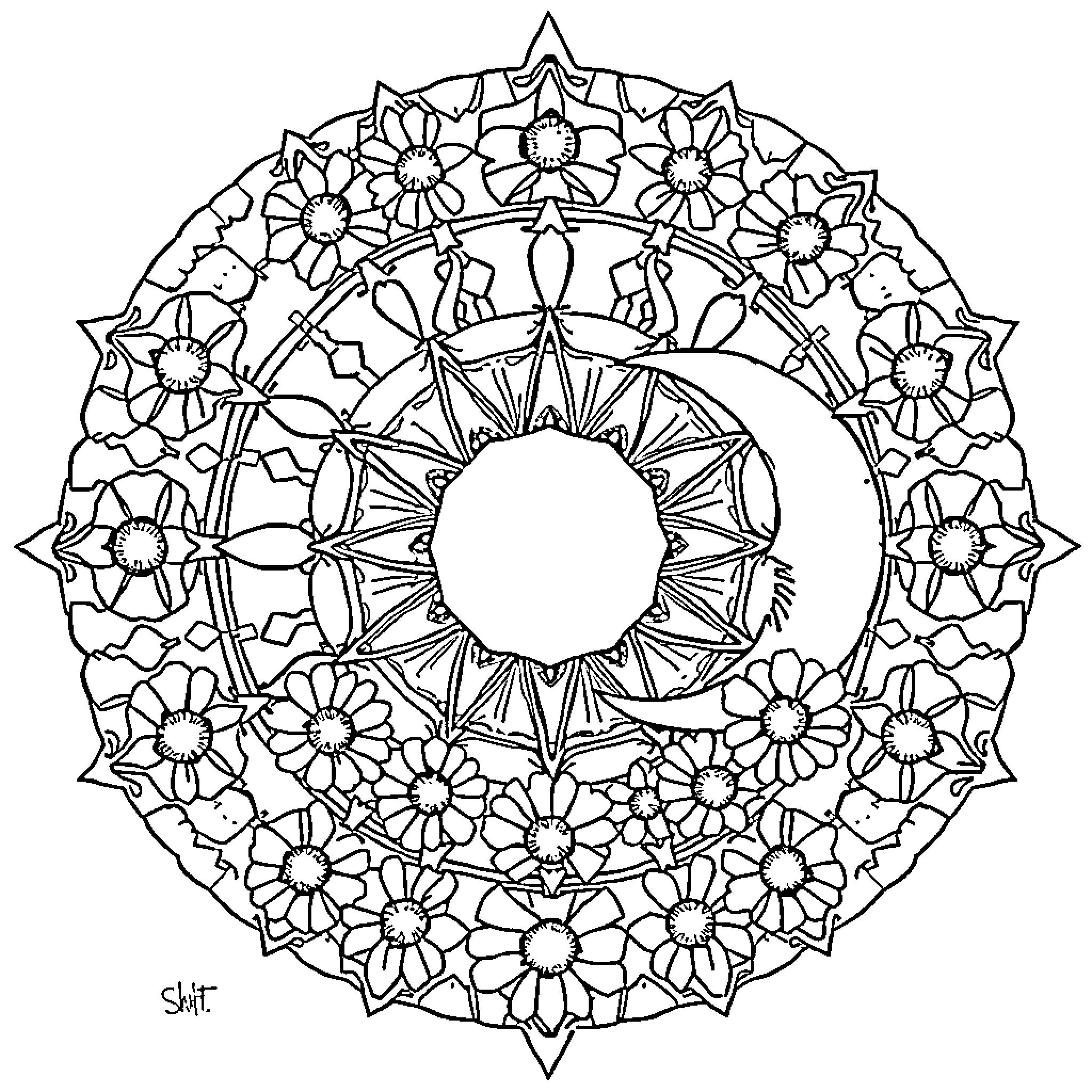 Mandalas with intricate floral designs Coloring Page (free black-and-white line drawing printable PDF for all, from beginners to advanced learners, including children, teens, adults, and seniors)