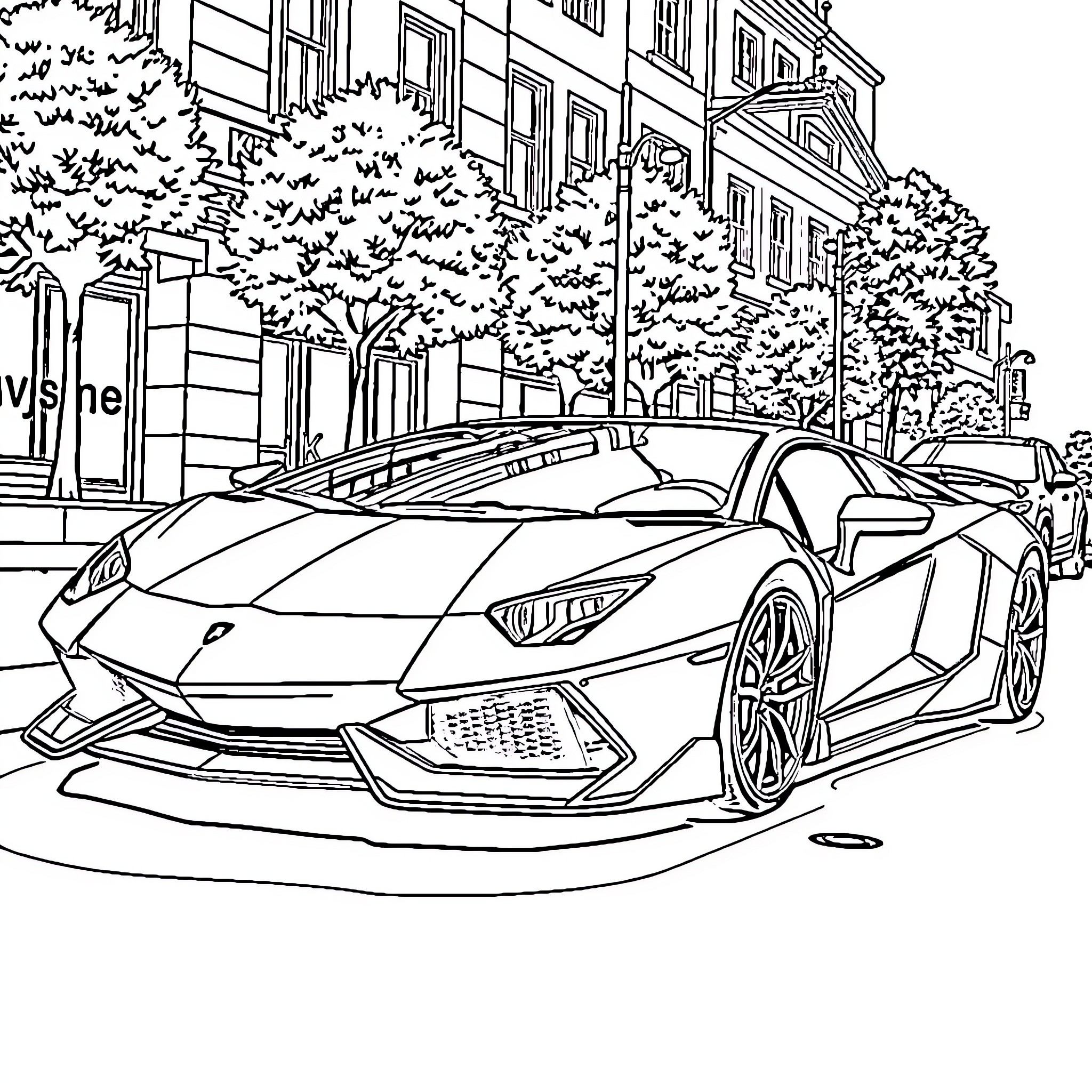 Lamborghini supercar parked on city street Coloring Page (free black-and-white line drawing printable PDF for all, from beginners to advanced learners, including children, teens, adults, and seniors)