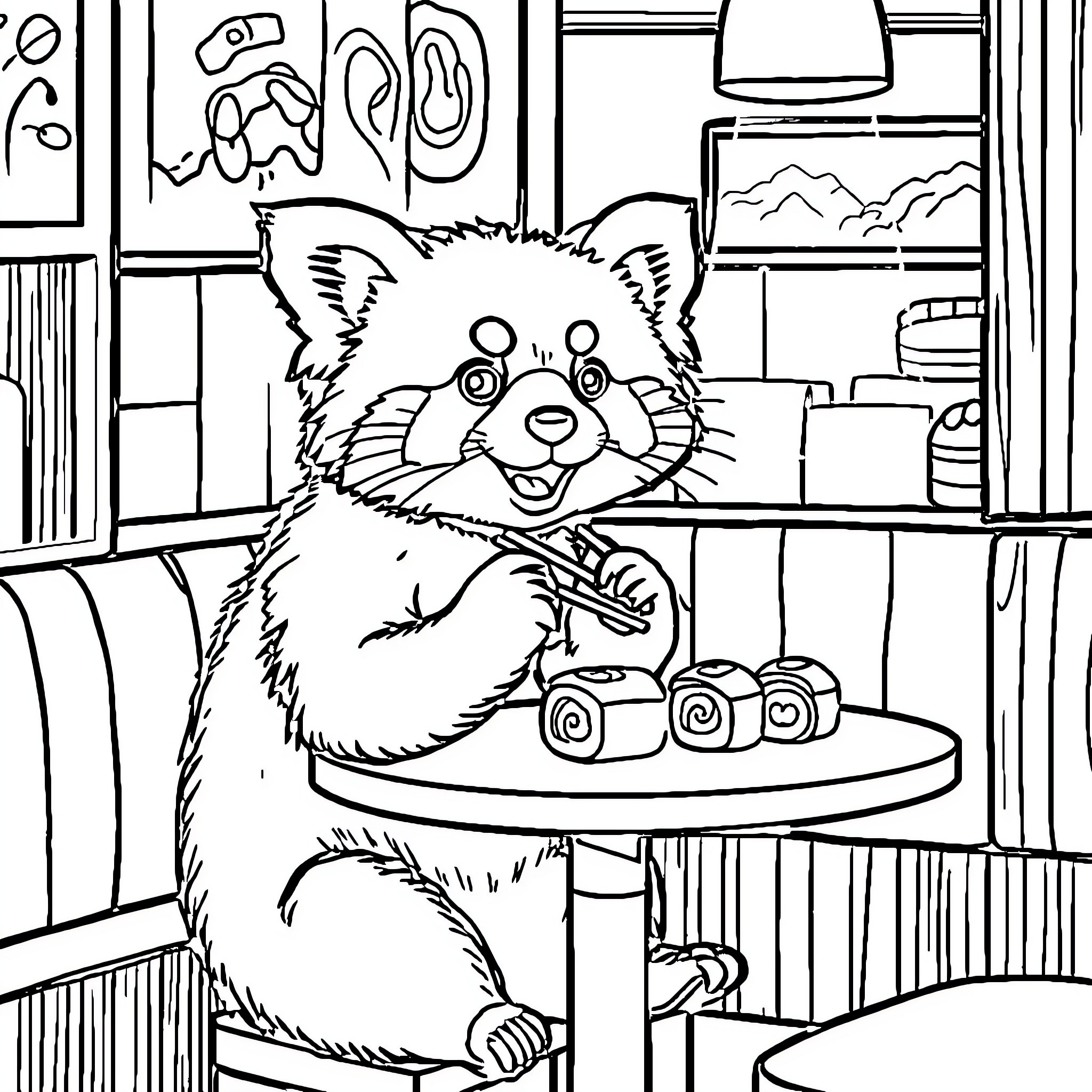 Panda Playing with Toys in Cozy Room Coloring Page (free black-and-white line drawing printable PDF for all, from beginners to advanced learners, including children, teens, adults, and seniors)