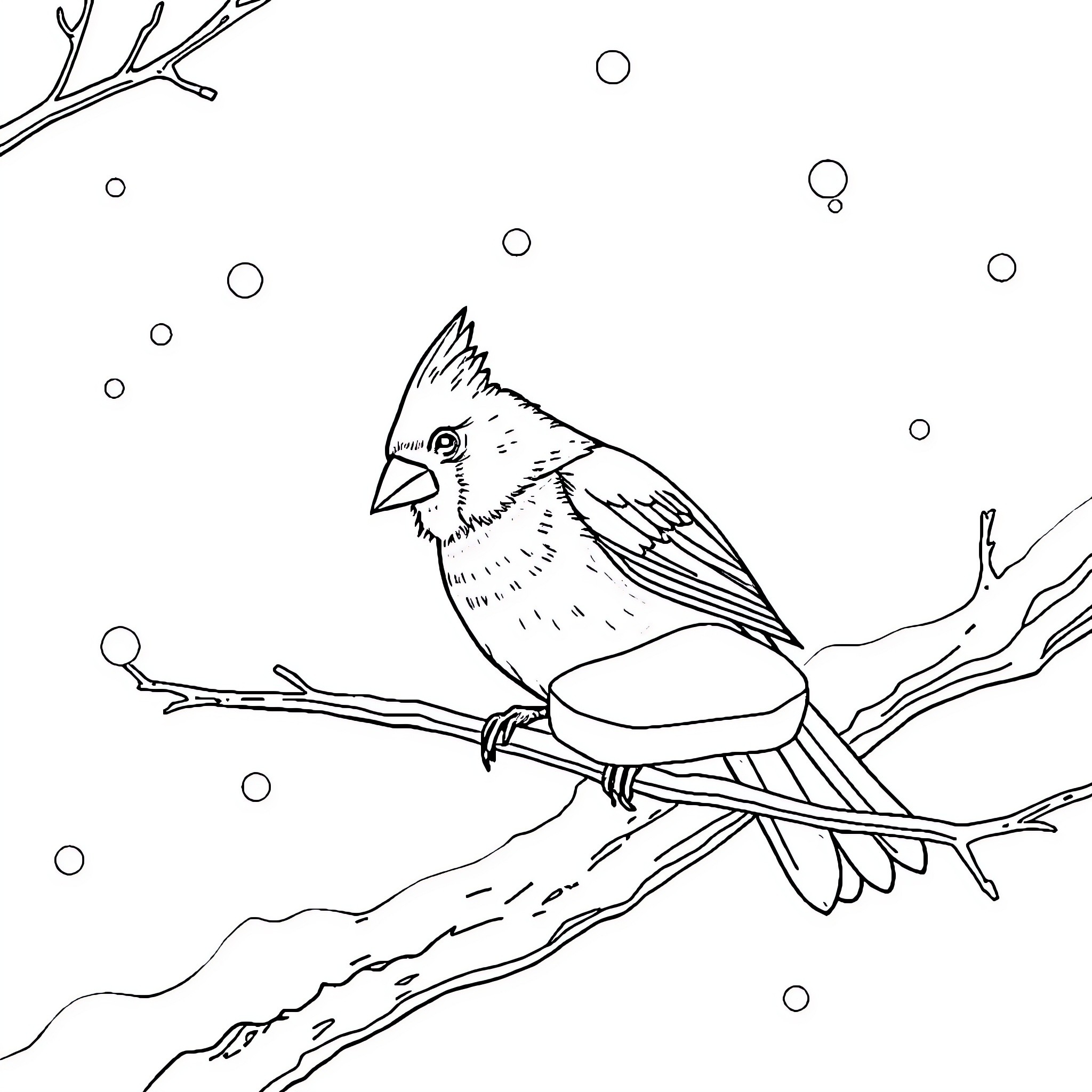 Cardinal perched on a snowy branch Coloring Page (free black-and-white line drawing printable PDF for all, from beginners to advanced learners, including children, teens, adults, and seniors)