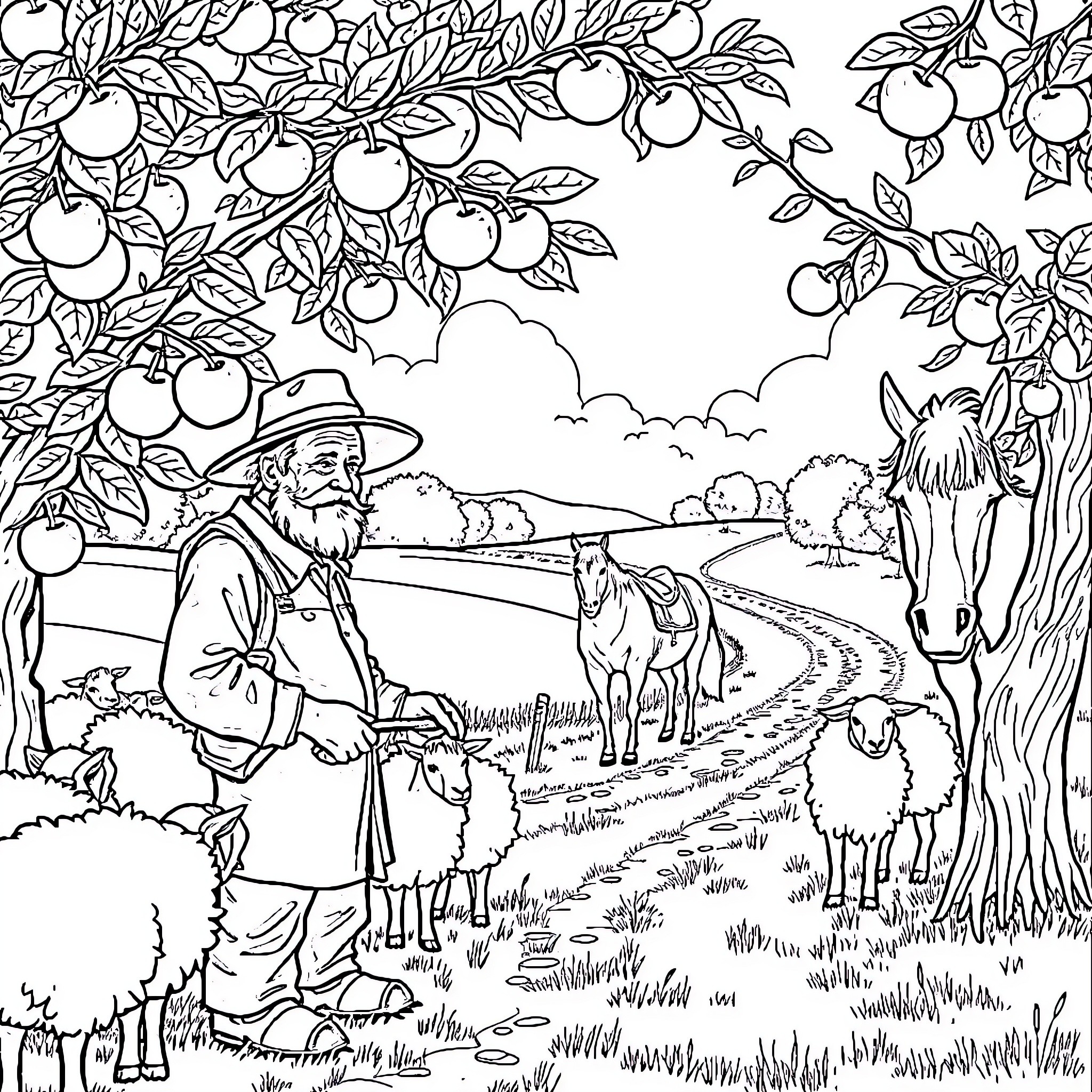 Man strolling through an orchard with farm animals Coloring Page (free black-and-white line drawing printable PDF for all, from beginners to advanced learners, including children, teens, adults, and seniors)
