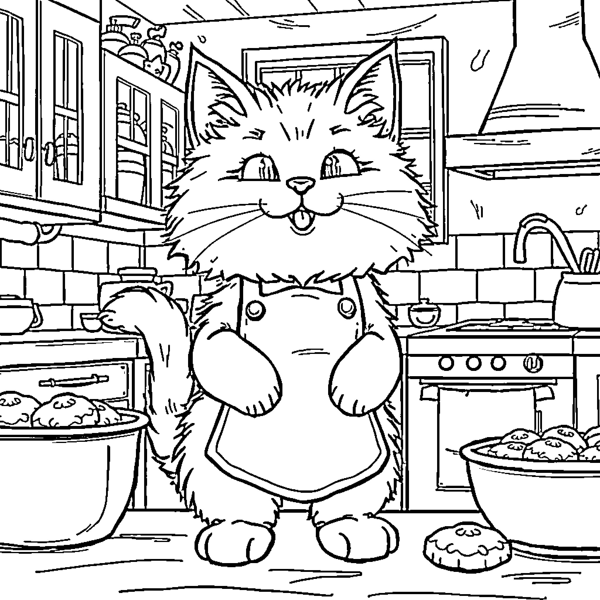 Cat in a Cozy Kitchen Scene Coloring Page (free black-and-white line drawing printable PDF for all, from beginners to advanced learners, including children, teens, adults, and seniors)