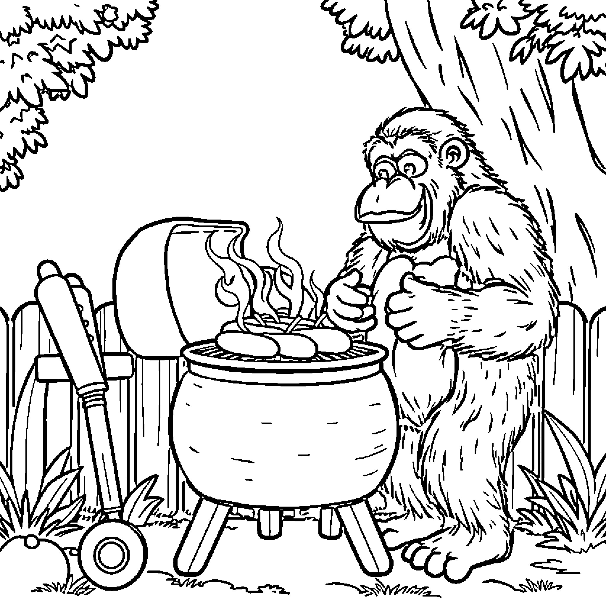 Gorilla Cooking Delicious Meal Outdoors Coloring Page (free black-and-white line drawing printable PDF for all, from beginners to advanced learners, including children, teens, adults, and seniors)