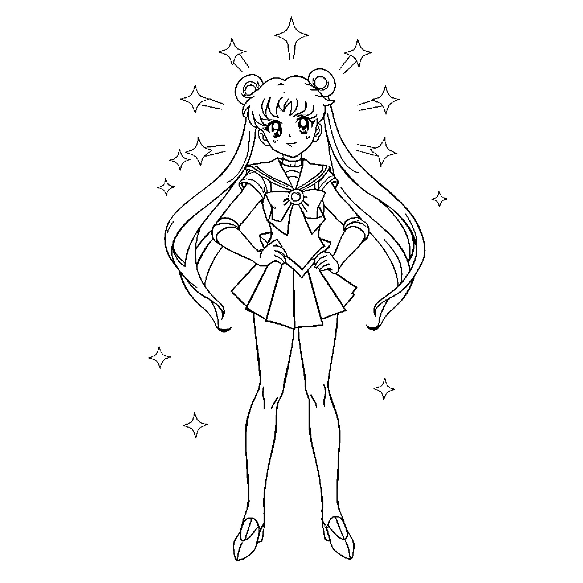 Sailor Moon character in magical girl outfit Coloring Page (free black-and-white line drawing printable PDF for all, from beginners to advanced learners, including children, teens, adults, and seniors)