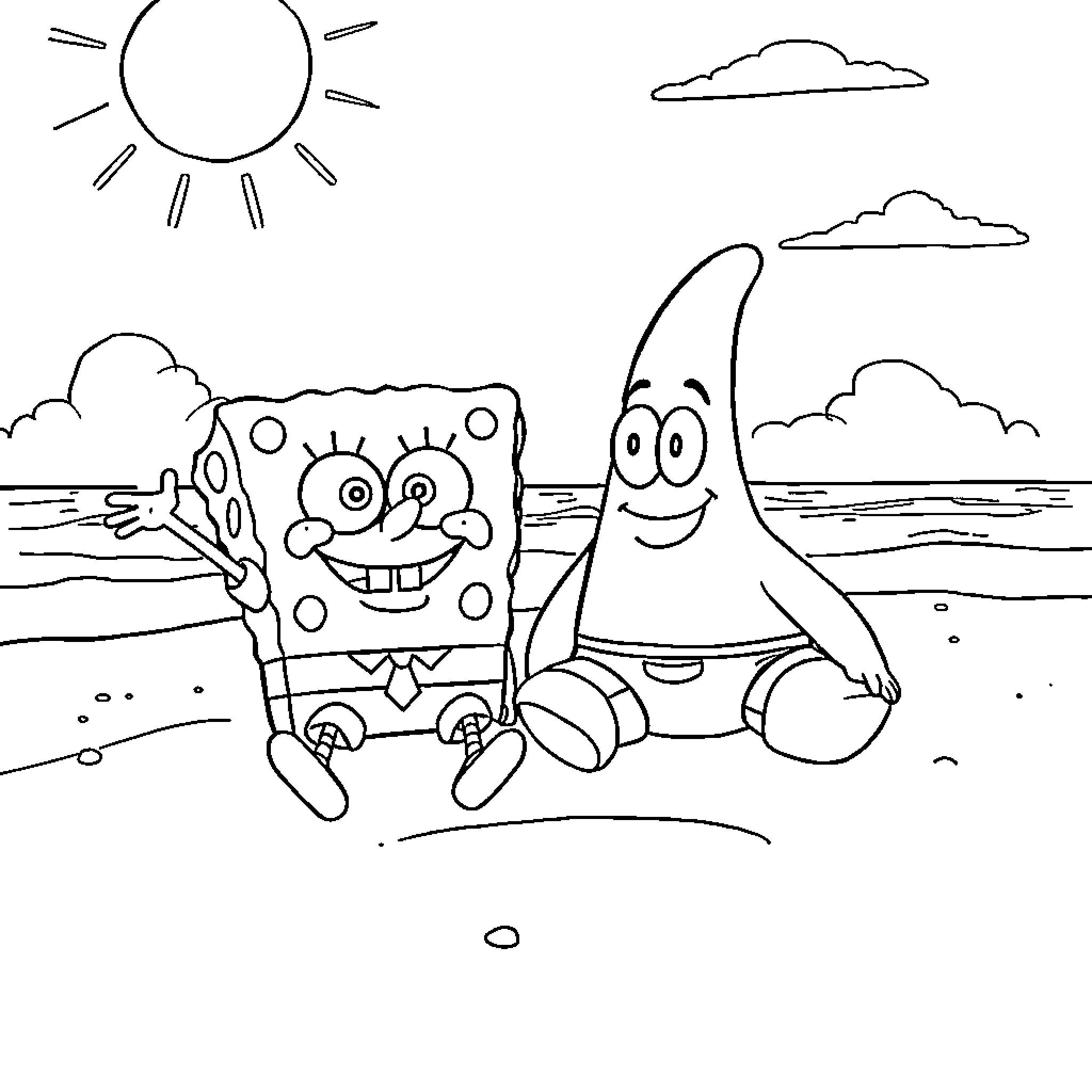 Spongebob and Patrick enjoy a sunny day at the beach Coloring Page (free black-and-white line drawing printable PDF for all, from beginners to advanced learners, including children, teens, adults, and seniors)