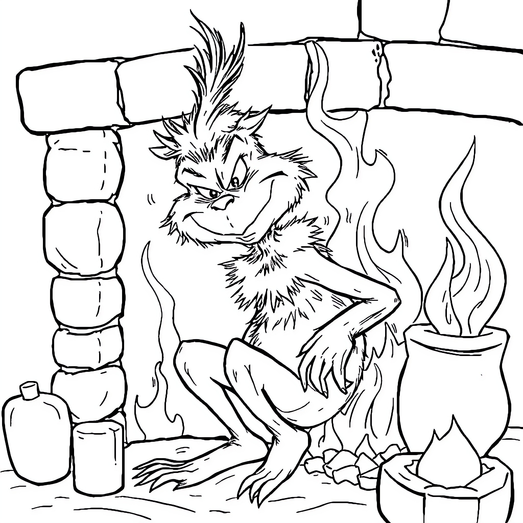 Grinch Stirring a Magical Potion in Mischievous Delight Coloring Page (free black-and-white line drawing printable PDF for all, from beginners to advanced learners, including children, teens, adults, and seniors)