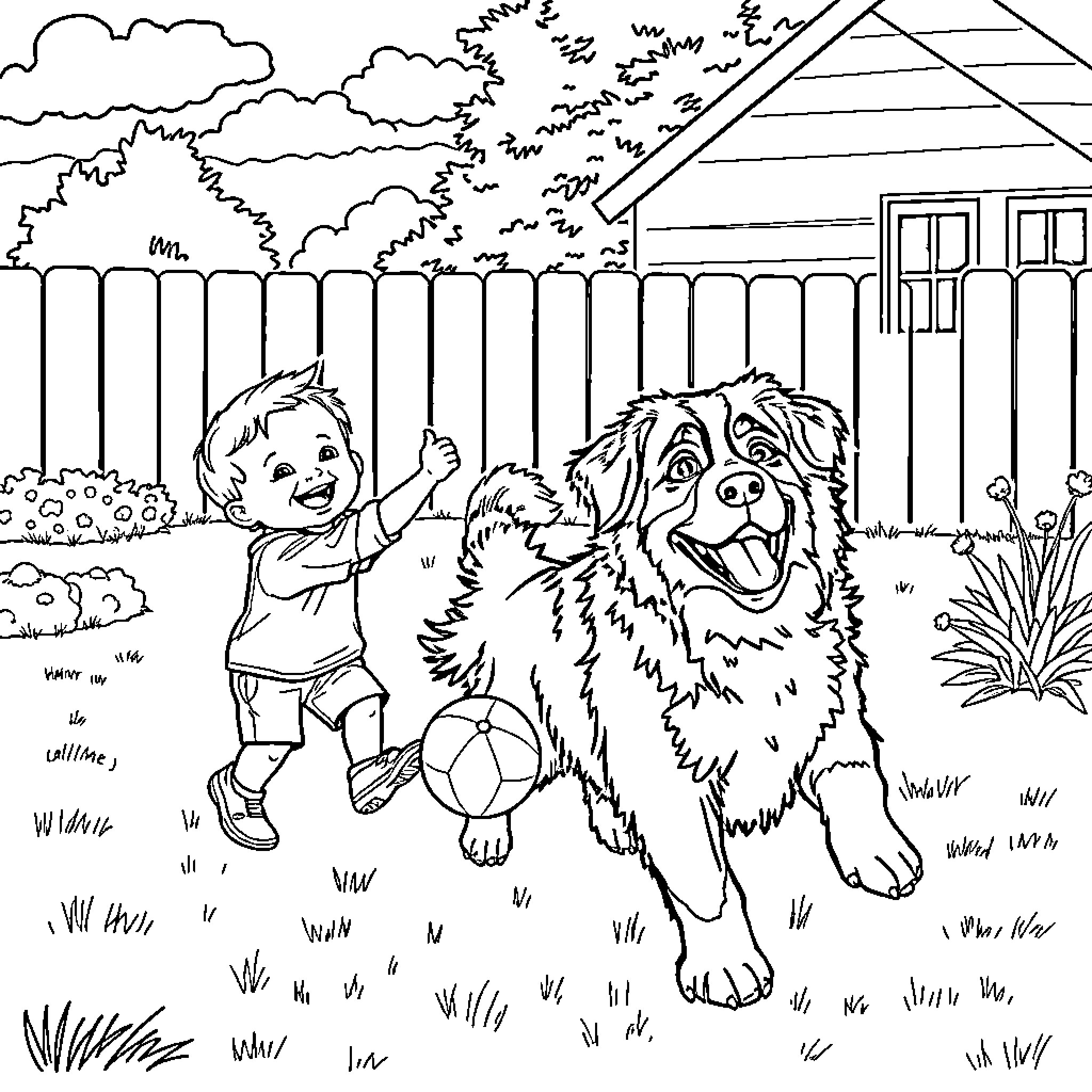 Dog playing happily with child in the backyard Coloring Page (free black-and-white line drawing printable PDF for all, from beginners to advanced learners, including children, teens, adults, and seniors)