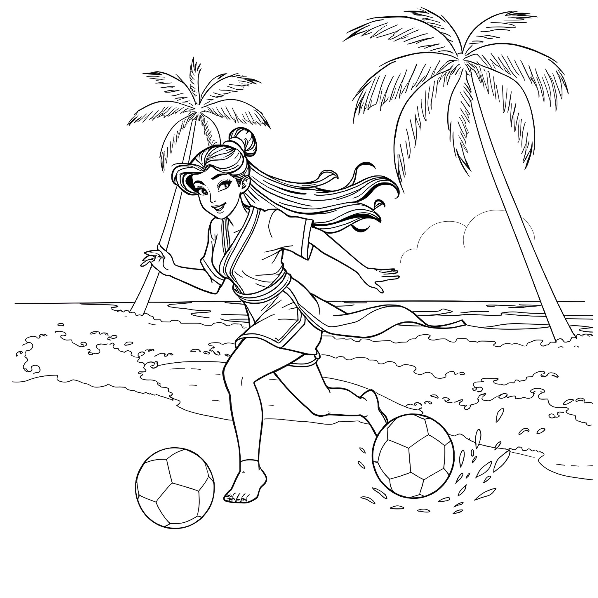 Mulan playing soccer on a tropical beach Coloring Page (free black-and-white line drawing printable PDF for all, from beginners to advanced learners, including children, teens, adults, and seniors)