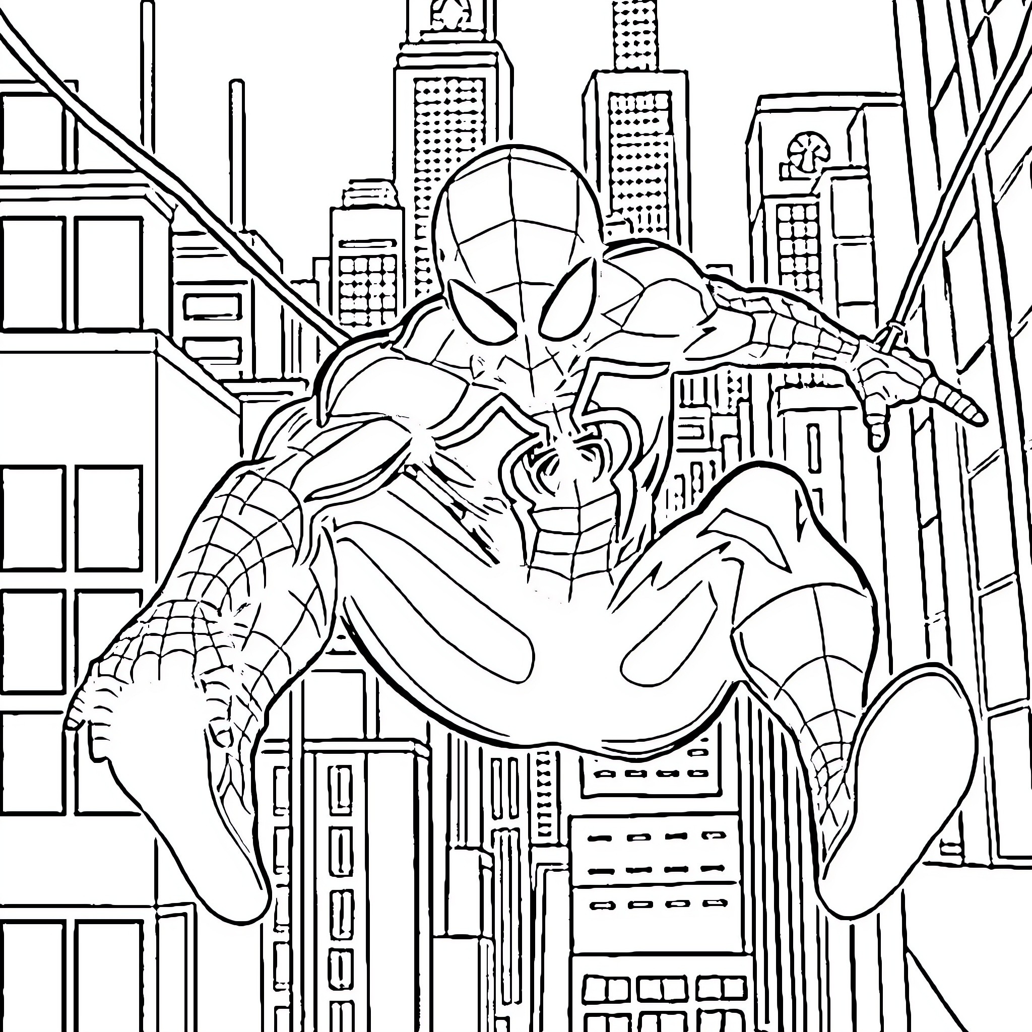 Spider-Man swinging through the city skyline Coloring Page (free black-and-white line drawing printable PDF for all, from beginners to advanced learners, including children, teens, adults, and seniors)