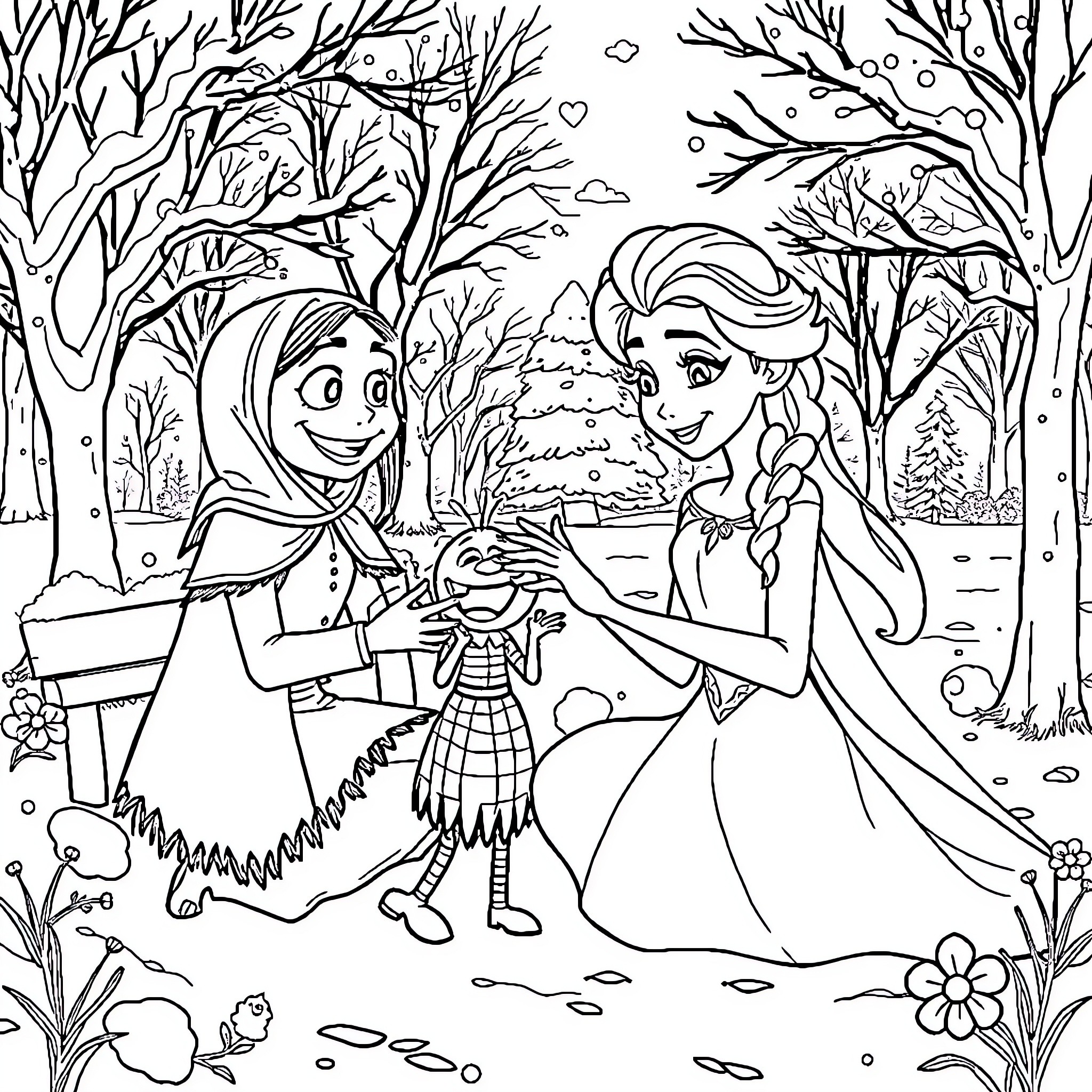 Elsa's Winter Wonderland Adventure with Olaf Coloring Page (free black-and-white line drawing printable PDF for all, from beginners to advanced learners, including children, teens, adults, and seniors)