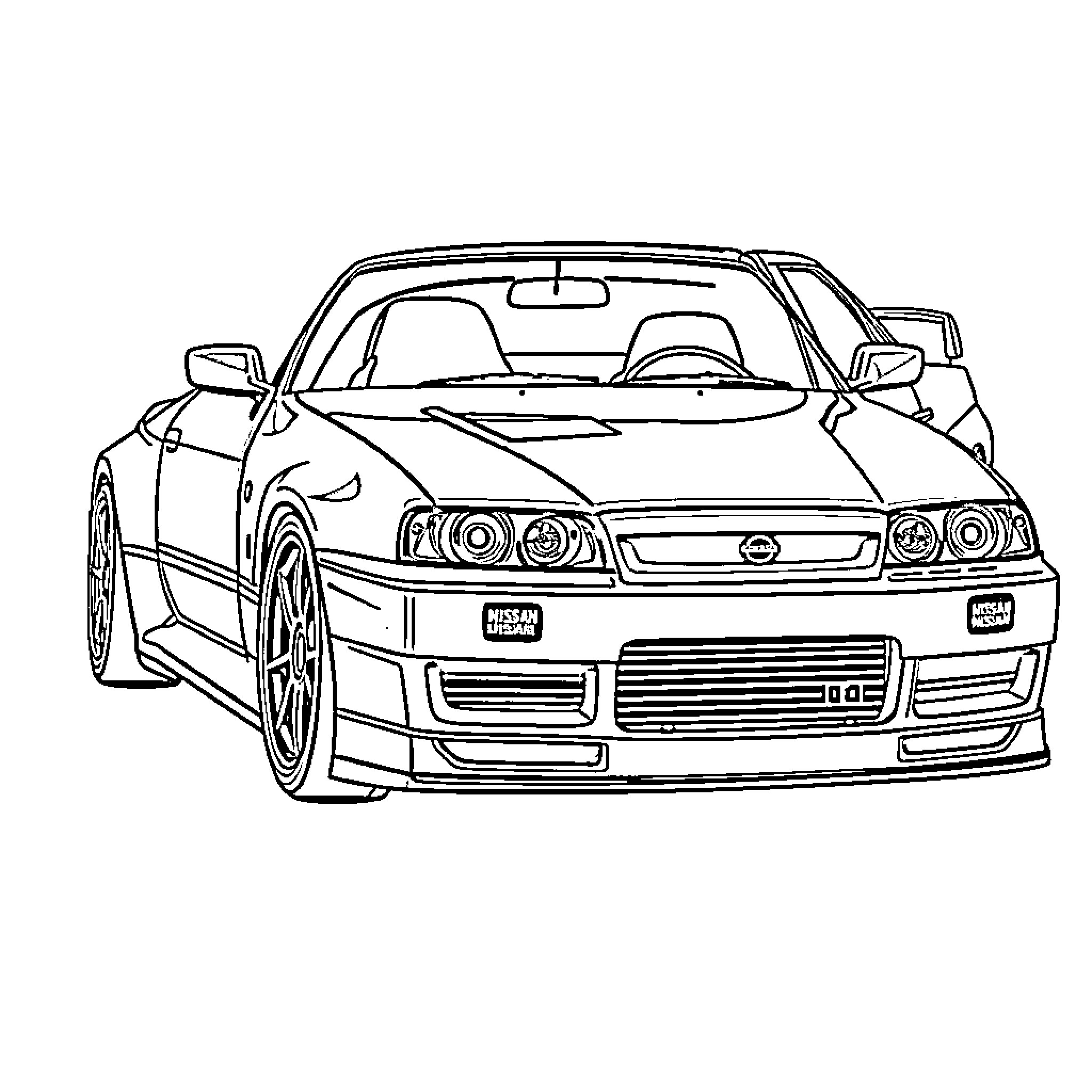 Nissan Skyline sports car in detailed outline Coloring Page (free black-and-white line drawing printable PDF for all, from beginners to advanced learners, including children, teens, adults, and seniors)