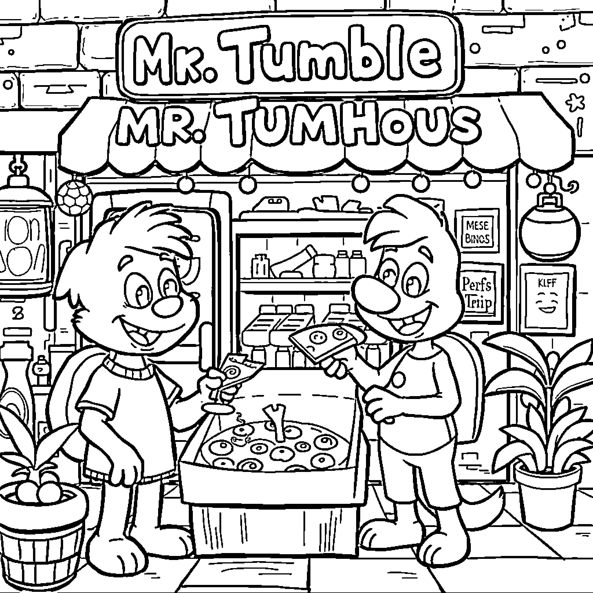 Bluey and friends explore Mr. Tumble's Toy Shop Coloring Page (free black-and-white line drawing printable PDF for all, from beginners to advanced learners, including children, teens, adults, and seniors)