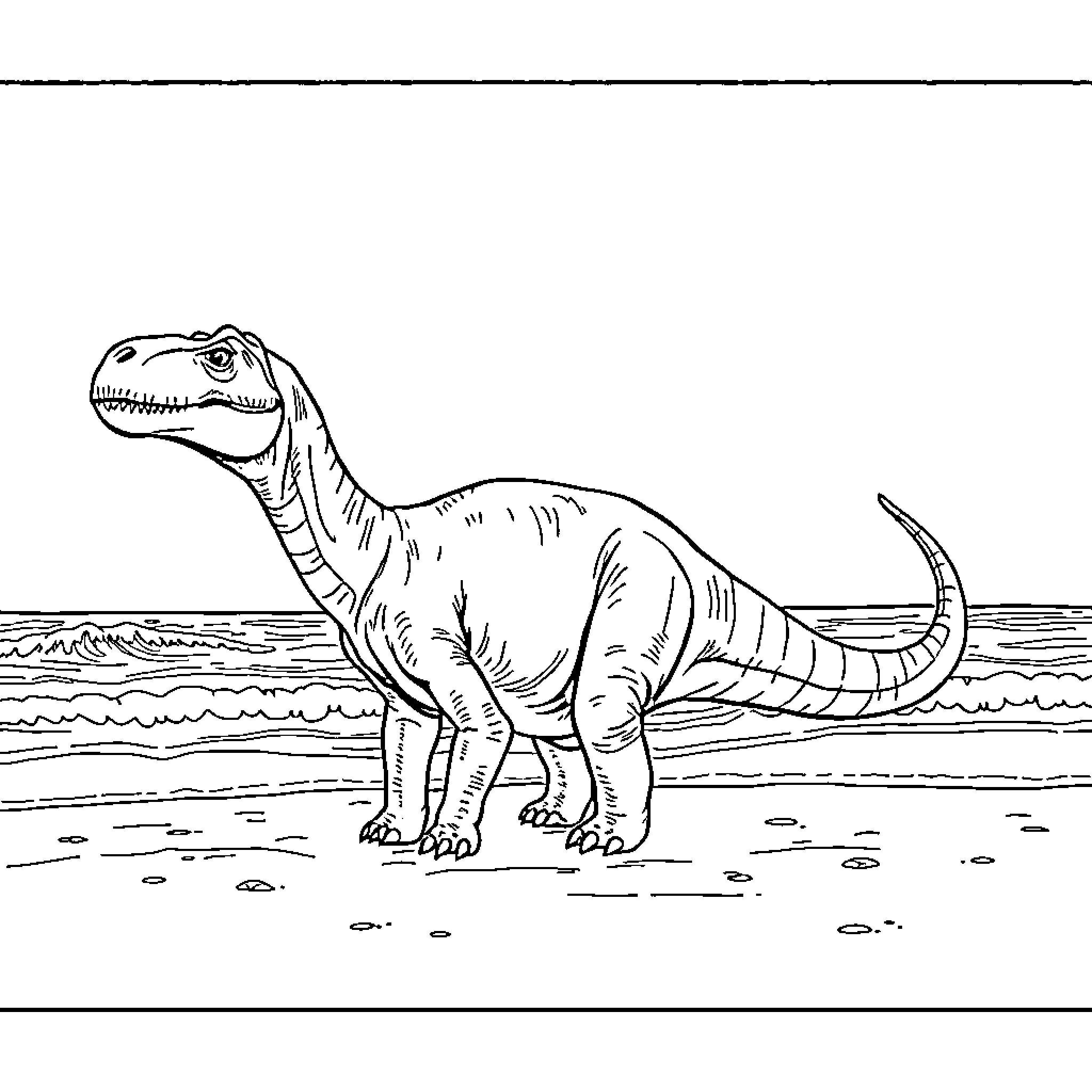 Dinosaur standing on the shoreline Coloring Page (free black-and-white line drawing printable PDF for all, from beginners to advanced learners, including children, teens, adults, and seniors)