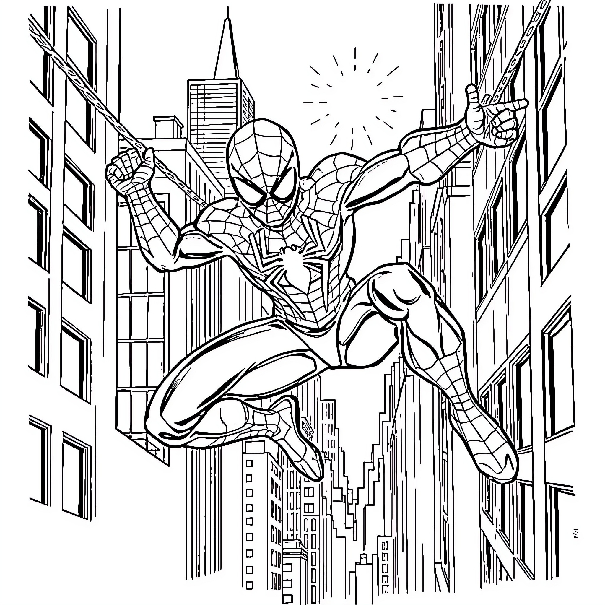 Spiderman swinging through the city skyline Coloring Page (free black-and-white line drawing printable PDF for all, from beginners to advanced learners, including children, teens, adults, and seniors)