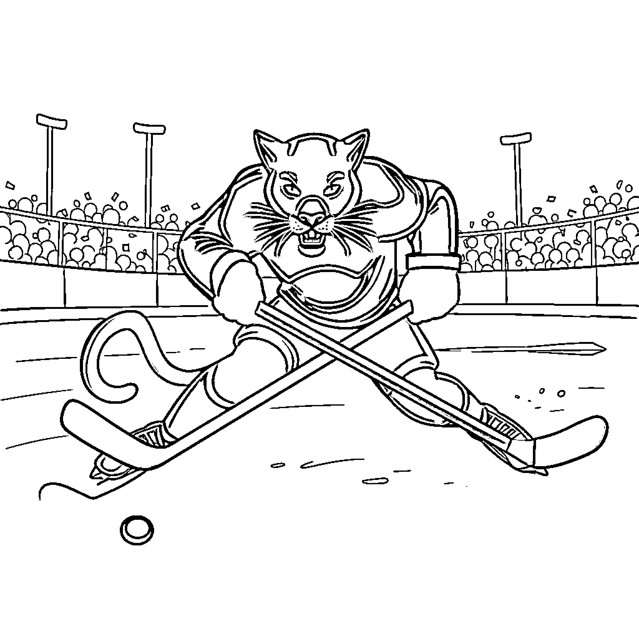 Panther playing ice hockey on the rink Coloring Page (free black-and-white line drawing printable PDF for all, from beginners to advanced learners, including children, teens, adults, and seniors)