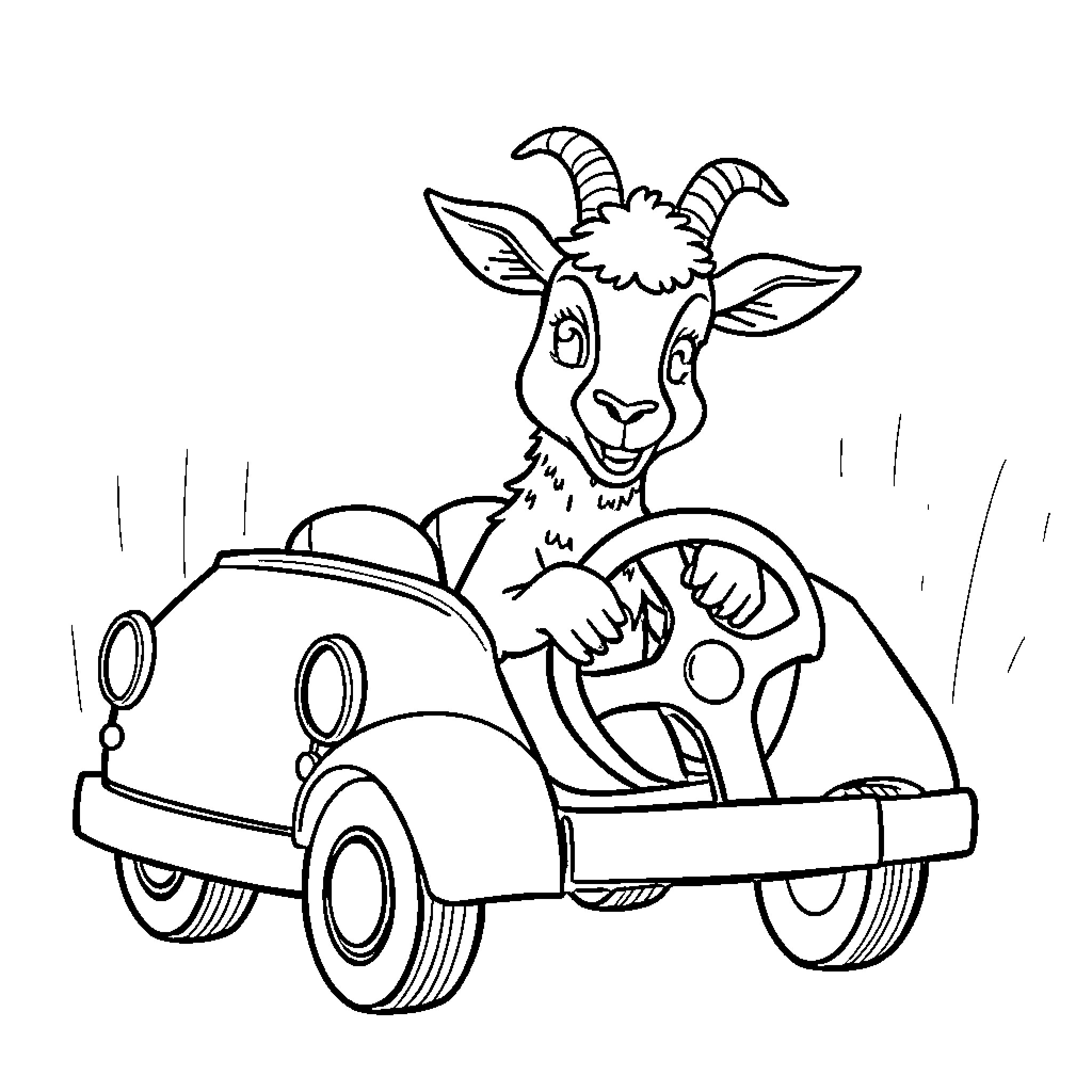 Goat driving a quirky car Coloring Page (free black-and-white line drawing printable PDF for all, from beginners to advanced learners, including children, teens, adults, and seniors)