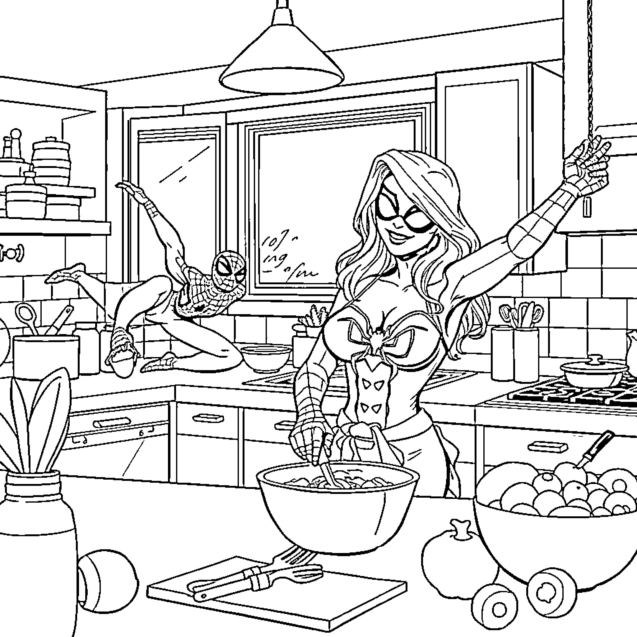 Pamela Anderson cooking in the kitchen Coloring Page (free black-and-white line drawing printable PDF for all, from beginners to advanced learners, including children, teens, adults, and seniors)