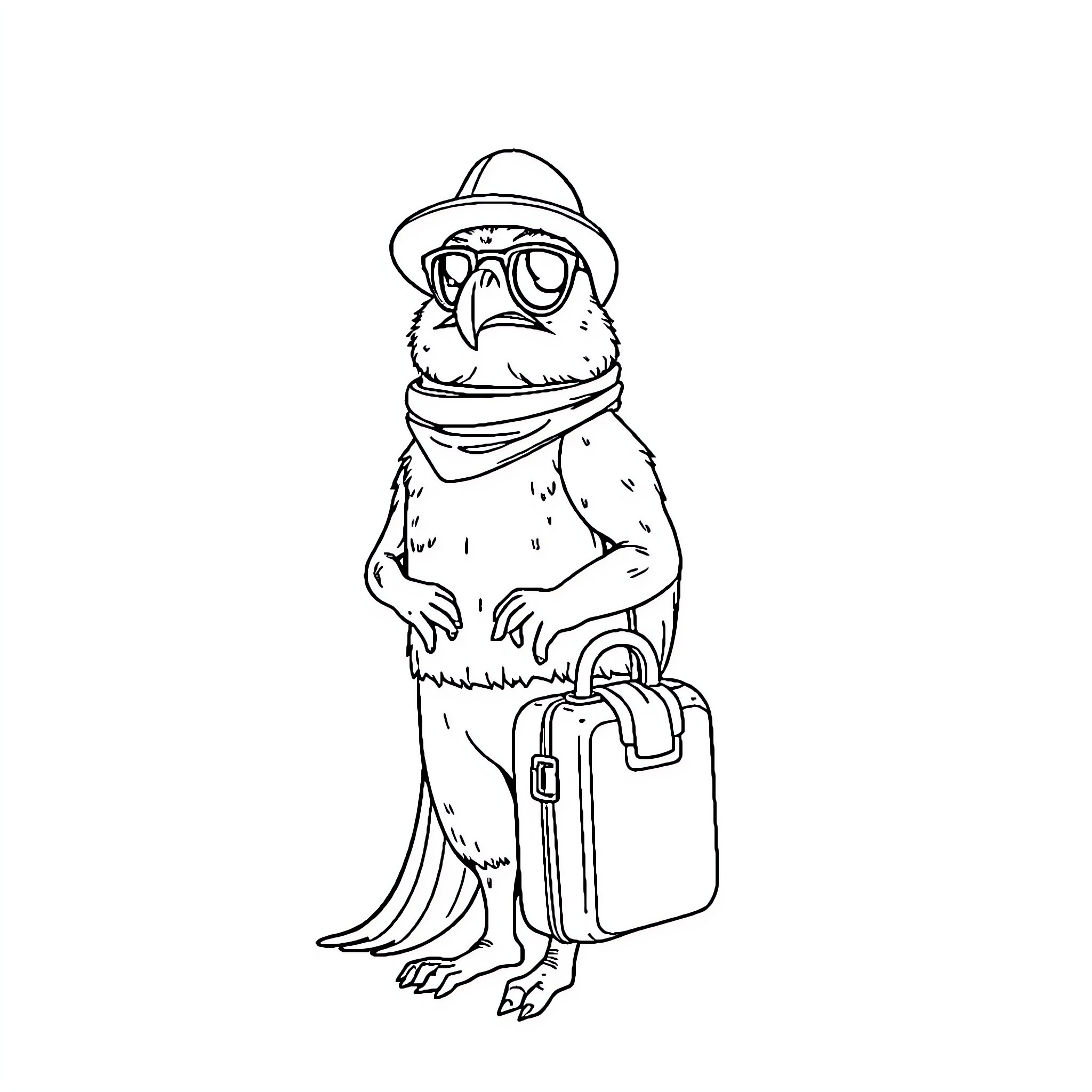Chameleon traveler with suitcase and hat Coloring Page (free black-and-white line drawing printable PDF for all, from beginners to advanced learners, including children, teens, adults, and seniors)