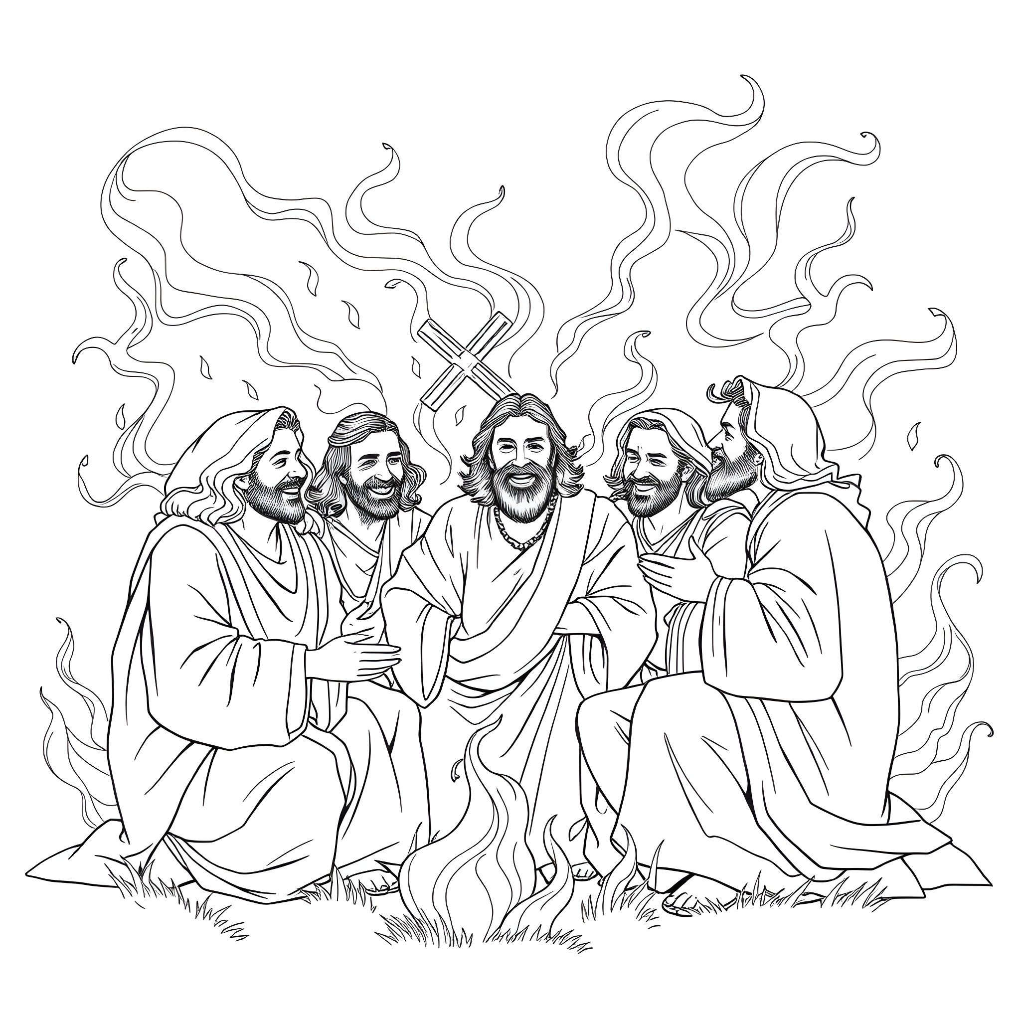 Disciple's Spiritual Gathering in Flames Coloring Page (free black-and-white line drawing printable PDF for all, from beginners to advanced learners, including children, teens, adults, and seniors)