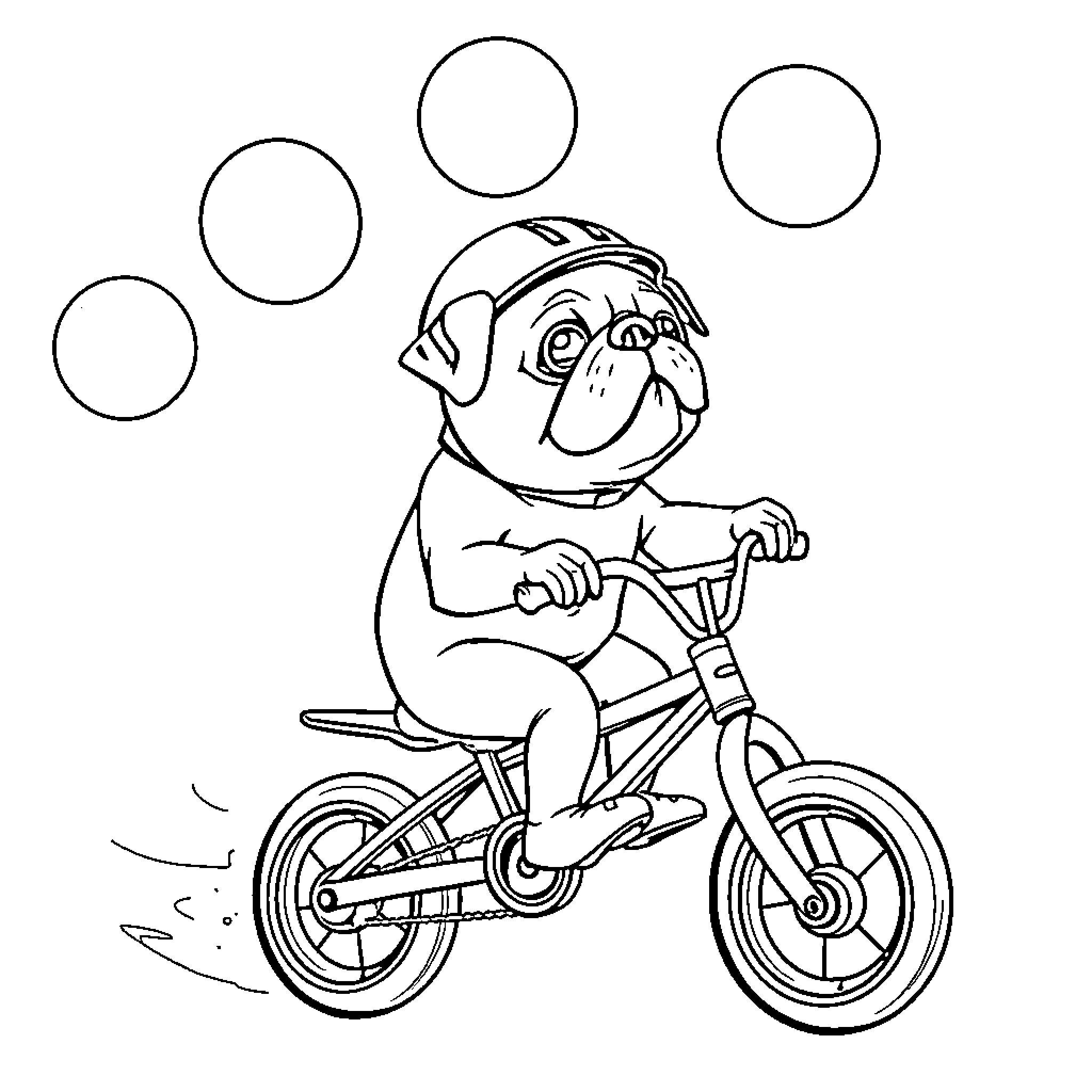 Pug riding bicycle and playing with bubbles Coloring Page (free black-and-white line drawing printable PDF for all, from beginners to advanced learners, including children, teens, adults, and seniors)