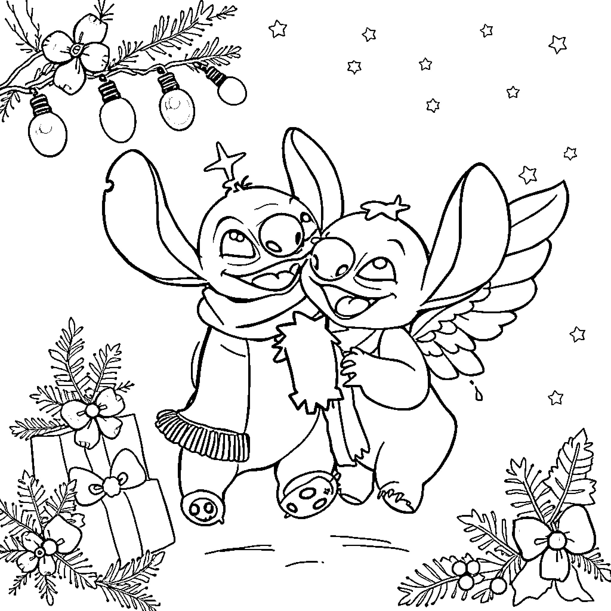 Stitch and Angel Celebrating the Holidays Coloring Page (free black-and-white line drawing printable PDF for all, from beginners to advanced learners, including children, teens, adults, and seniors)