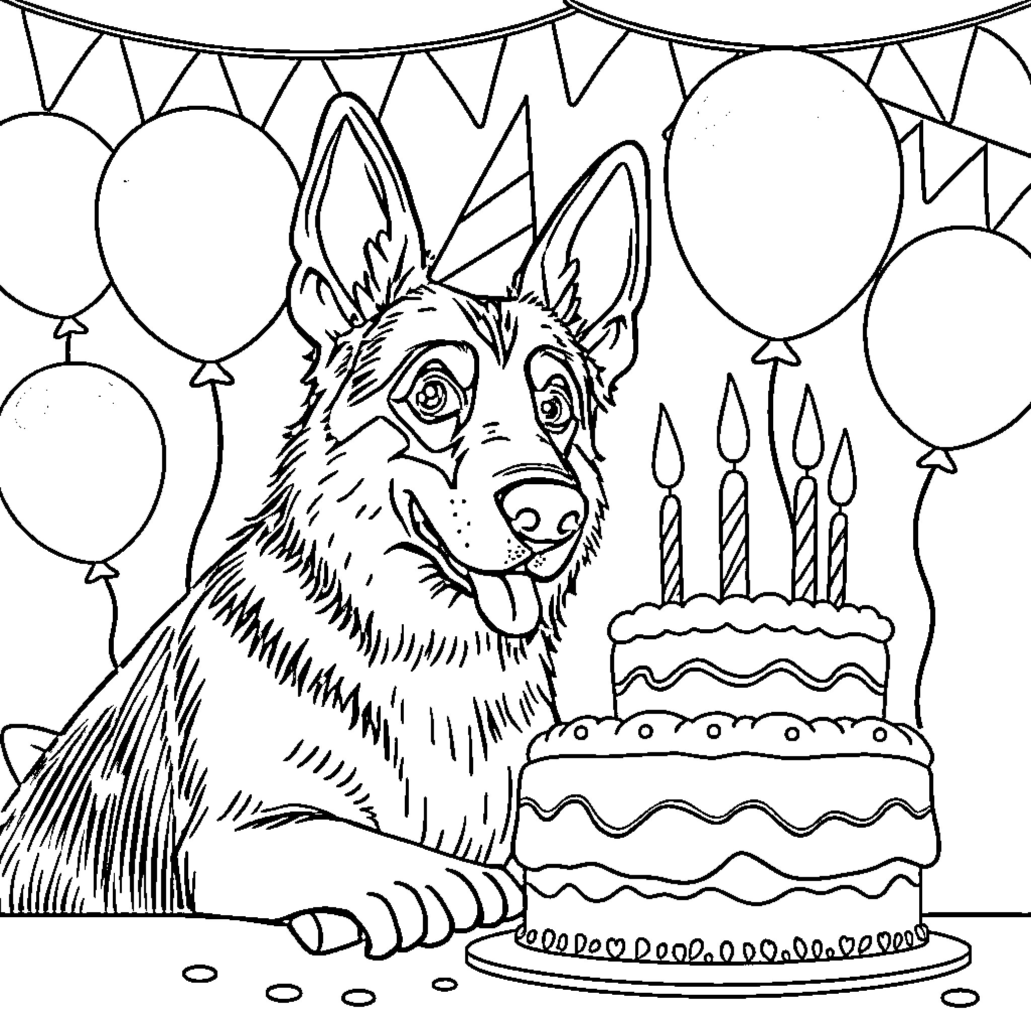 German Shepherd celebrating birthday with cake and balloons Coloring Page (free black-and-white line drawing printable PDF for all, from beginners to advanced learners, including children, teens, adults, and seniors)