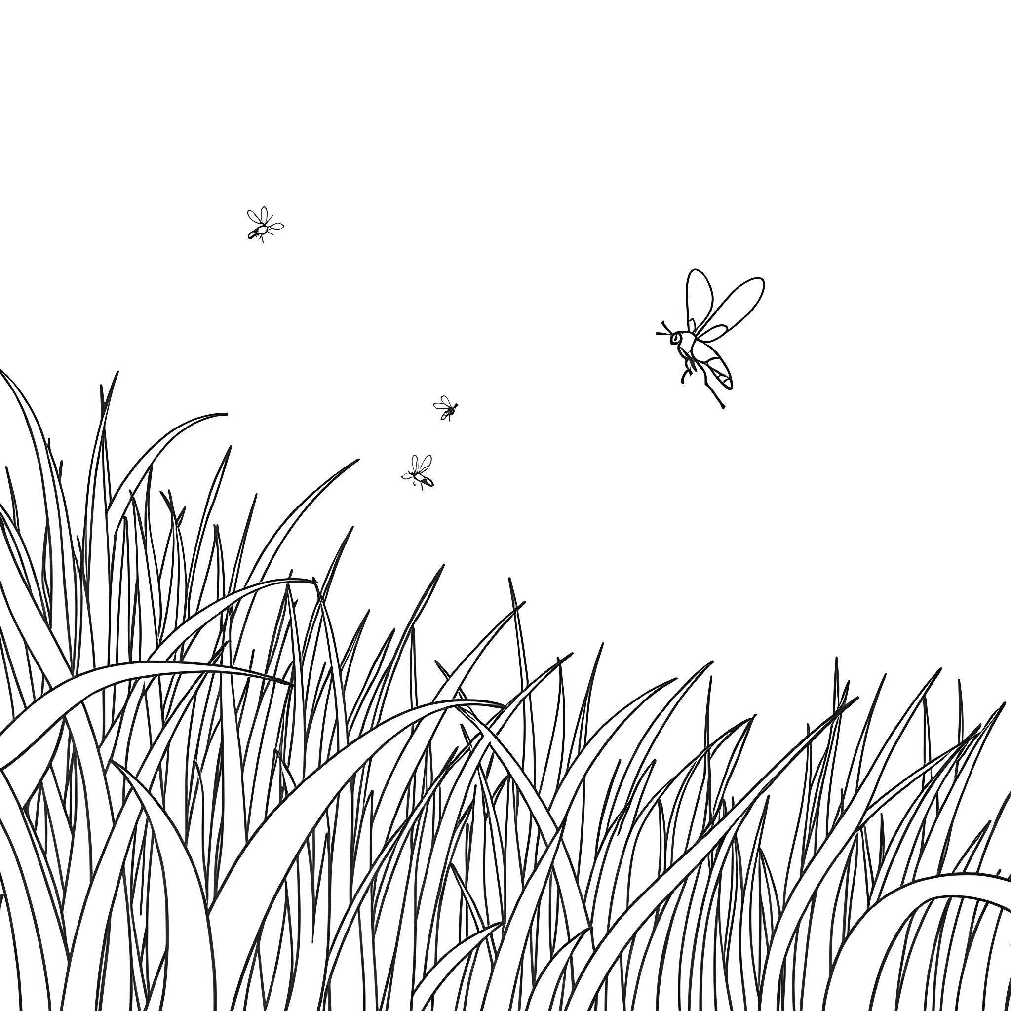 Mosquitoes darting through tall grass Coloring Page (free black-and-white line drawing printable PDF for all, from beginners to advanced learners, including children, teens, adults, and seniors)