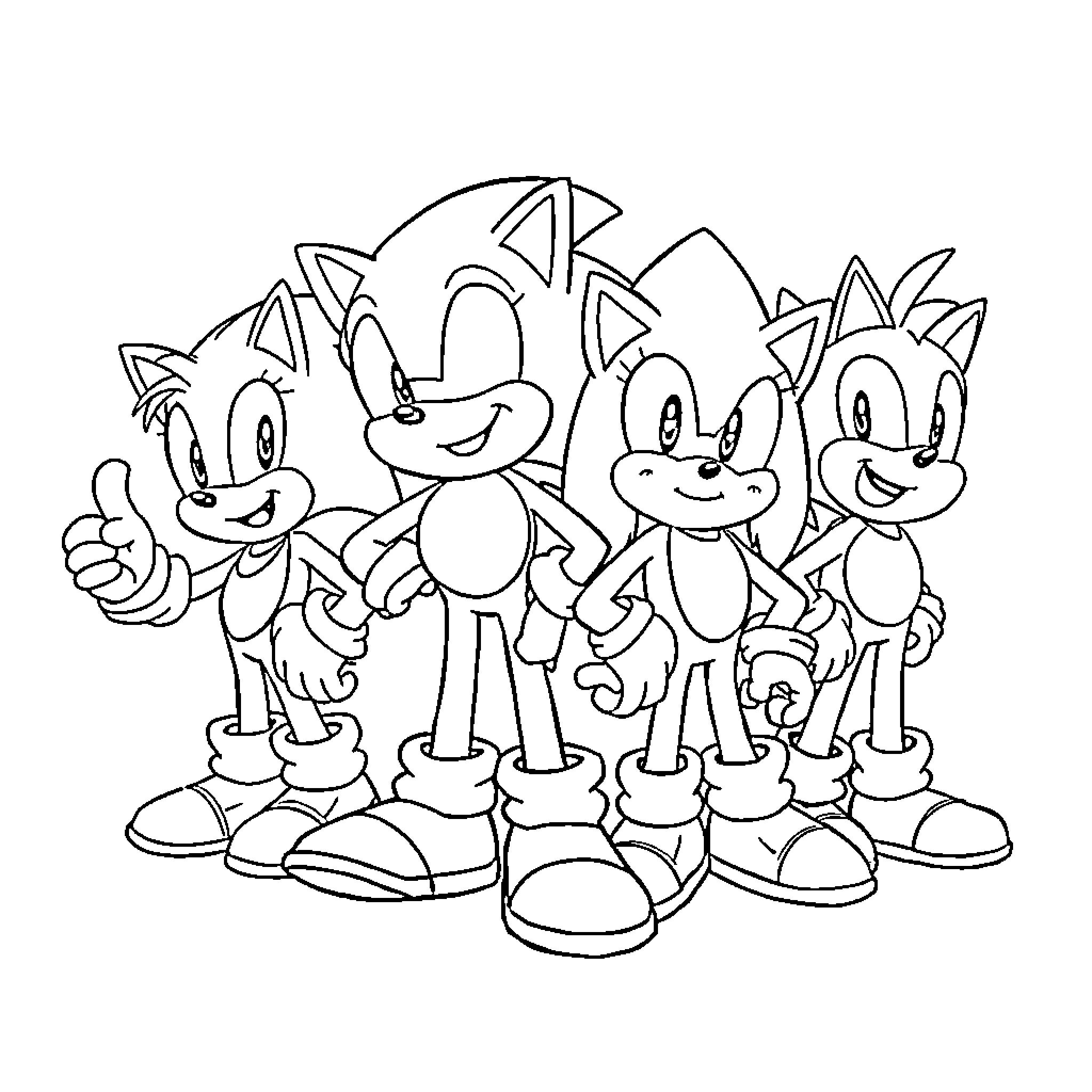 Sonic characters in playful poses Coloring Page (free black-and-white line drawing printable PDF for all, from beginners to advanced learners, including children, teens, adults, and seniors)