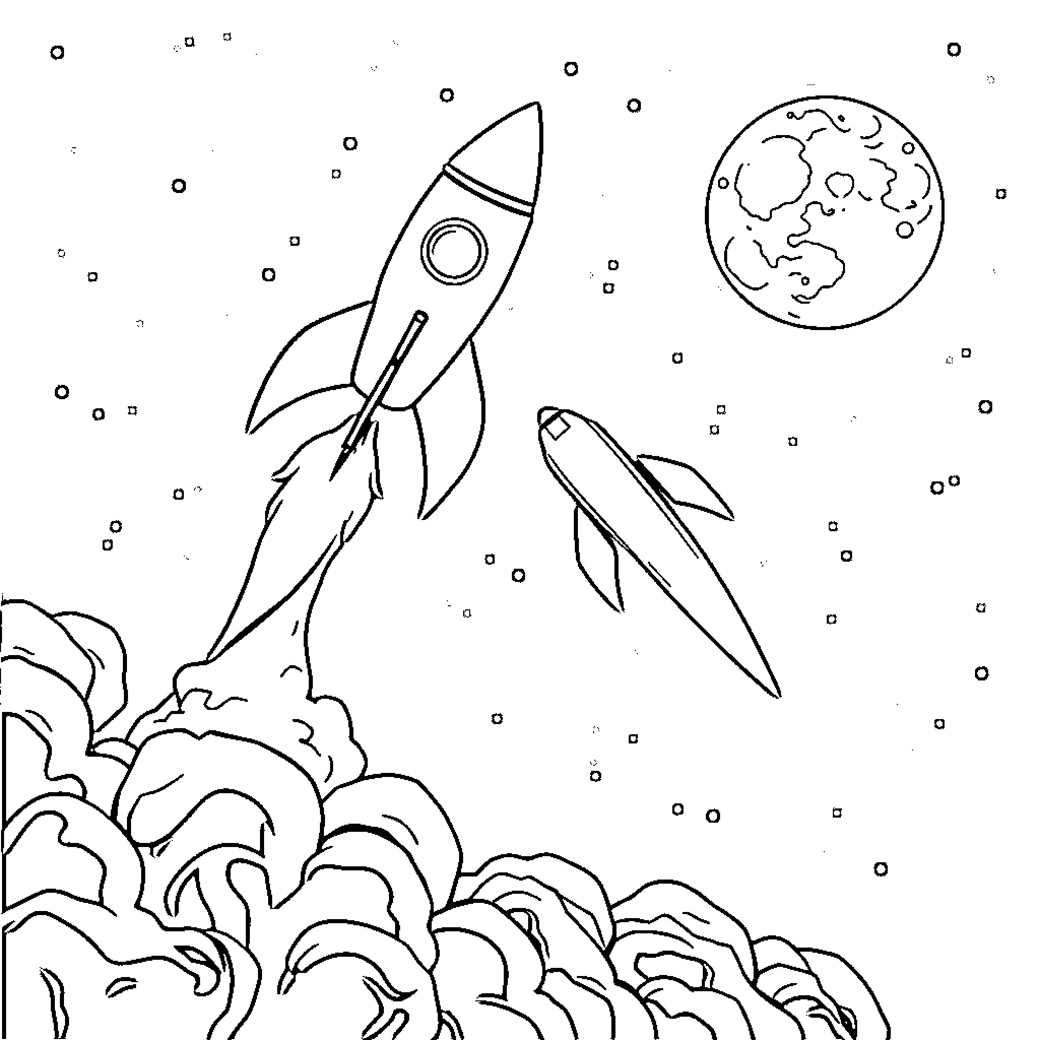 Rocket Launches into Starry Space Coloring Page (free black-and-white line drawing printable PDF for all, from beginners to advanced learners, including children, teens, adults, and seniors)
