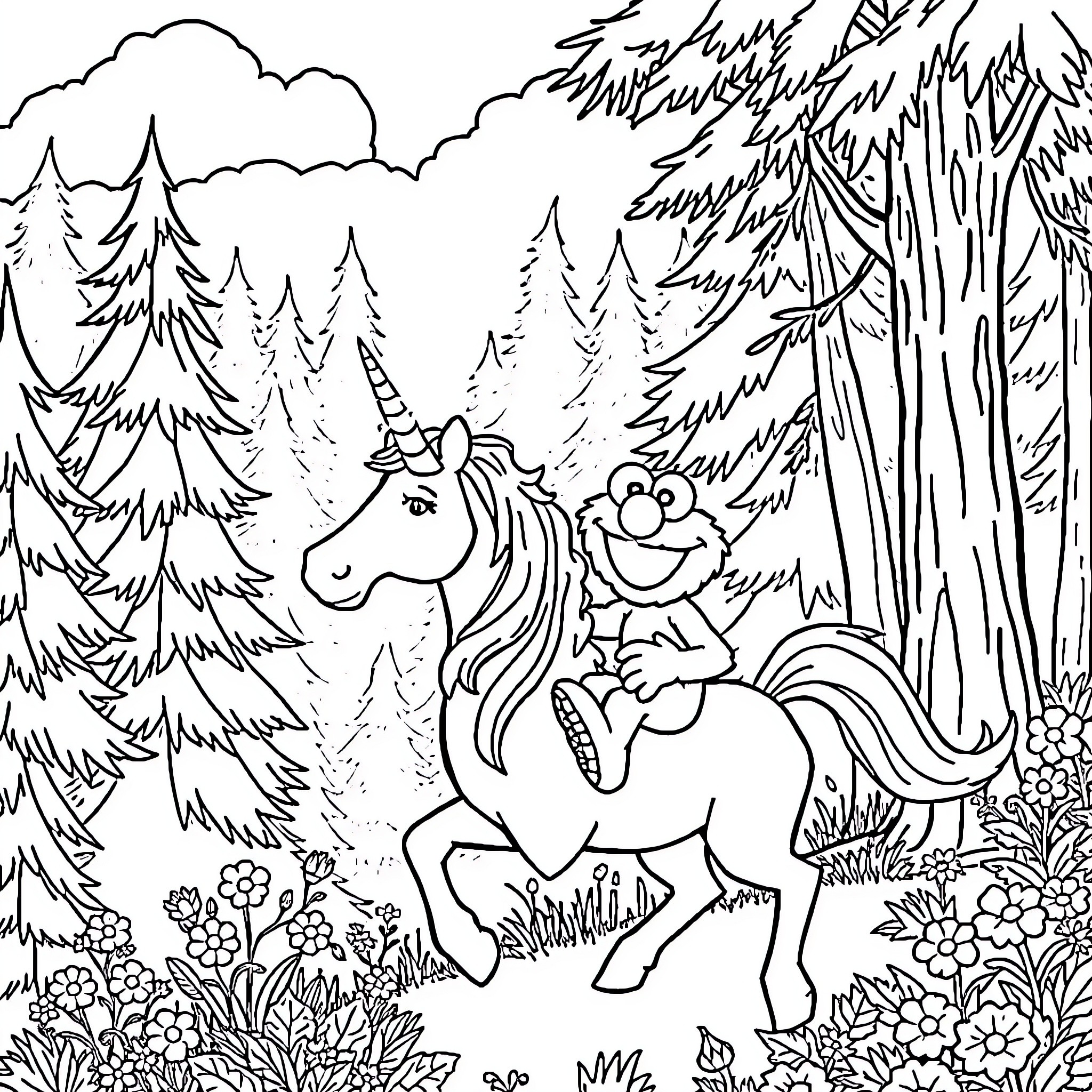 Elmo riding a unicorn in a magical forest Coloring Page (free black-and-white line drawing printable PDF for all, from beginners to advanced learners, including children, teens, adults, and seniors)